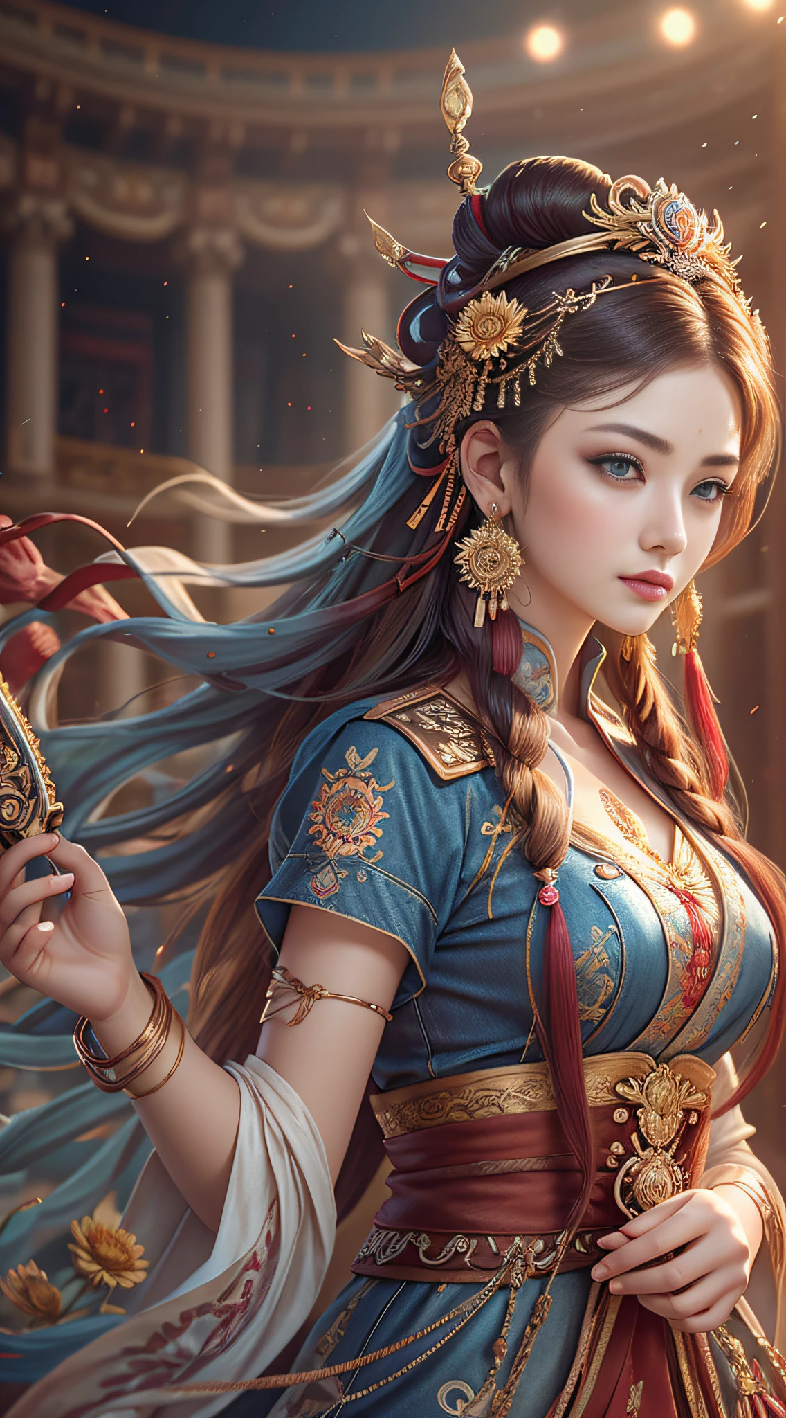 Best quality, masterpiece, ultra-detailed high resolution, (realistic: 1.4), original photos, illustrations,
1 Girl Holding Weapon, (Solo Exhibition: 1.2), (Denim Lens: 1.2), (Hair Crown: 1.2), Chinese Dunhuang Traditional Costume, No Straps, (Red Eyeliner: 1.2), (: 1.4), Earrings, Dynamic Angle, Opera House, messy_long_hair, Ink, Movie Lights, lens_flare, Velvet, Chrysanthemum, Tassels, Ribbons, Color Embroidery,
