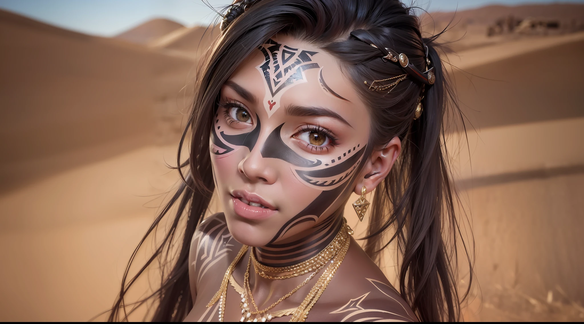 award-winning photo from waist up, man, geometric tattoo, facial tattoos, tips for a smile berserker oil painting, brunette skin full body portrait d&d, highly detailed, desert background, vibrant, photorealistic, realistic, dramatic, dark, sharp focus, 8k