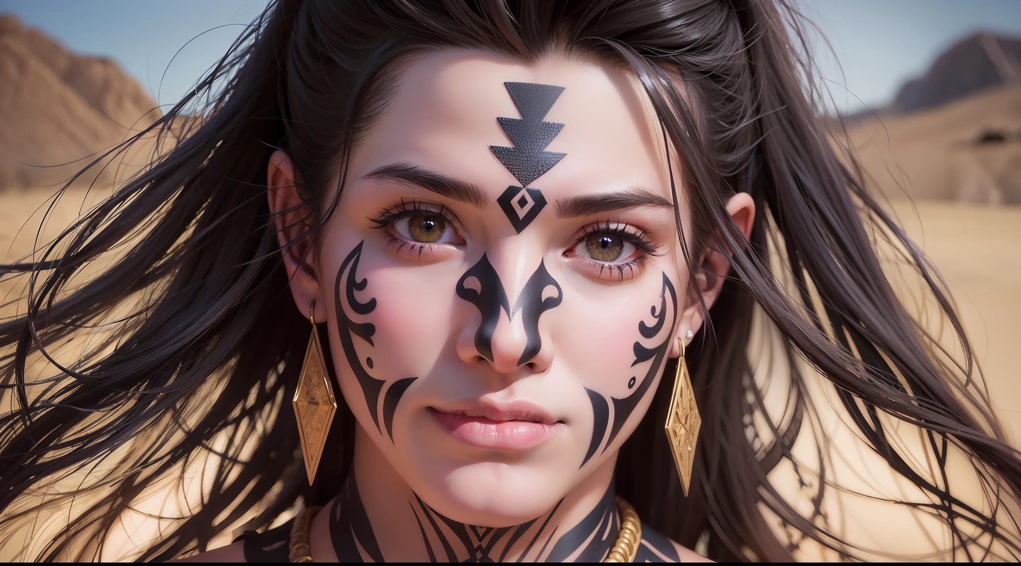 award-winning photo from waist up, man, geometric tattoo, facial tattoos, tips for a smile berserker oil painting, brunette skin full body portrait d&d, highly detailed, desert background, vibrant, photorealistic, realistic, dramatic, dark, sharp focus, 8k