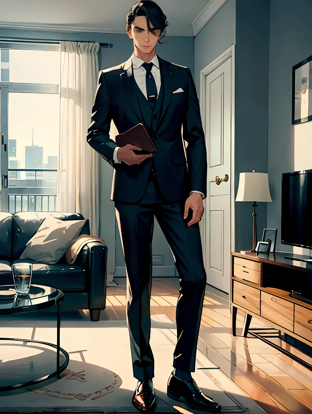 A man, wearing a suit and leather shoes, standing in the living room, holding a pastry in his hand, a briefcase under his arm, during the day, room, living room, dining table, fine facial portrayal, fine costume portrayal, ultra HD, 8K, vista, full body photo.