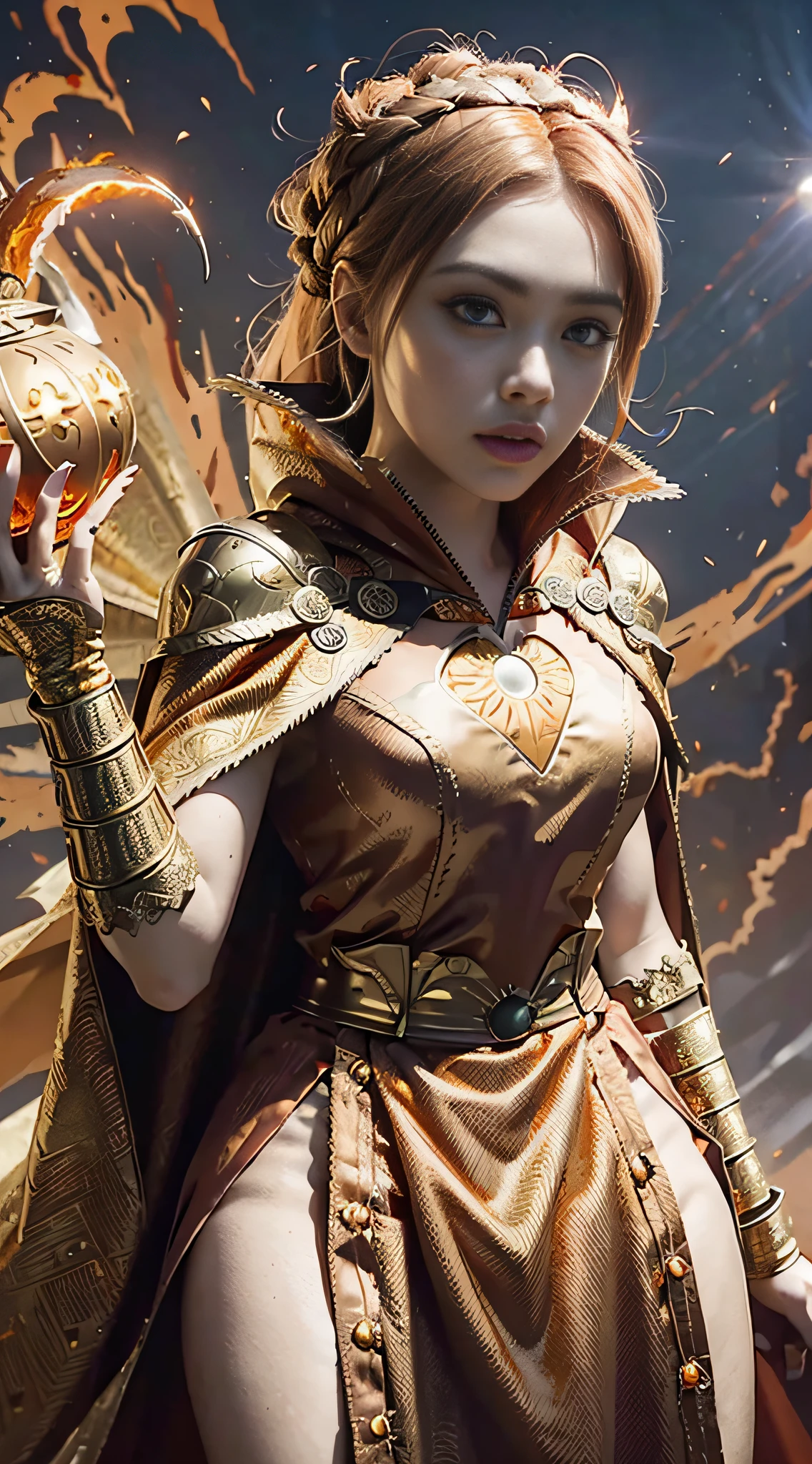 fire_deity, (red ember hair), flame_crown, ([brocade robe|fire-inspired gown]:1.3), [phoenix_cape::10], orange ([cowl:gold trim:0.4]:1.7) blazing on ([volcano cloak:solar cape:0.4]:1.5), forehead, controlling_fire, crimson eyes, waist_belt, obsidian_cuffs, volcanic_lair, fire_fan, [spiky, sunburst_braid:0.1], [gloves, fire_lantern, ember skirt:0.4],
Expressive Hues, Vibrant Palette,Dynamic Brushwork,sharp focus,