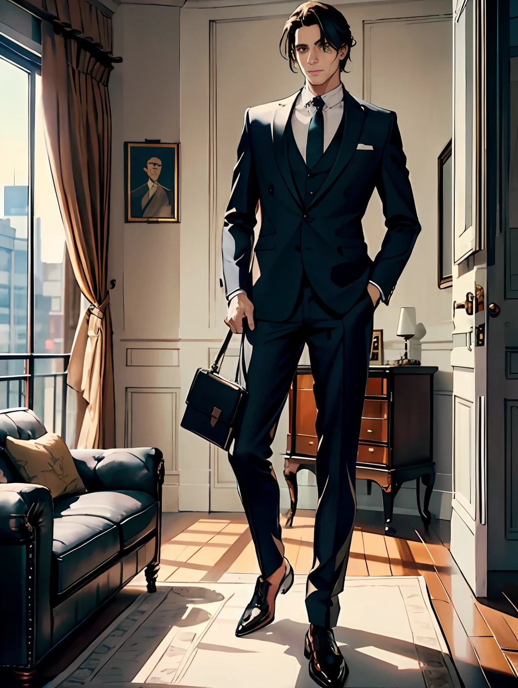 A man, wearing a suit and leather shoes, standing in the living room, holding a pastry in his hand, a briefcase under his arm, during the day, room, living room, dining table, fine facial portrayal, fine costume portrayal, ultra HD, 8K, vista, full body photo.