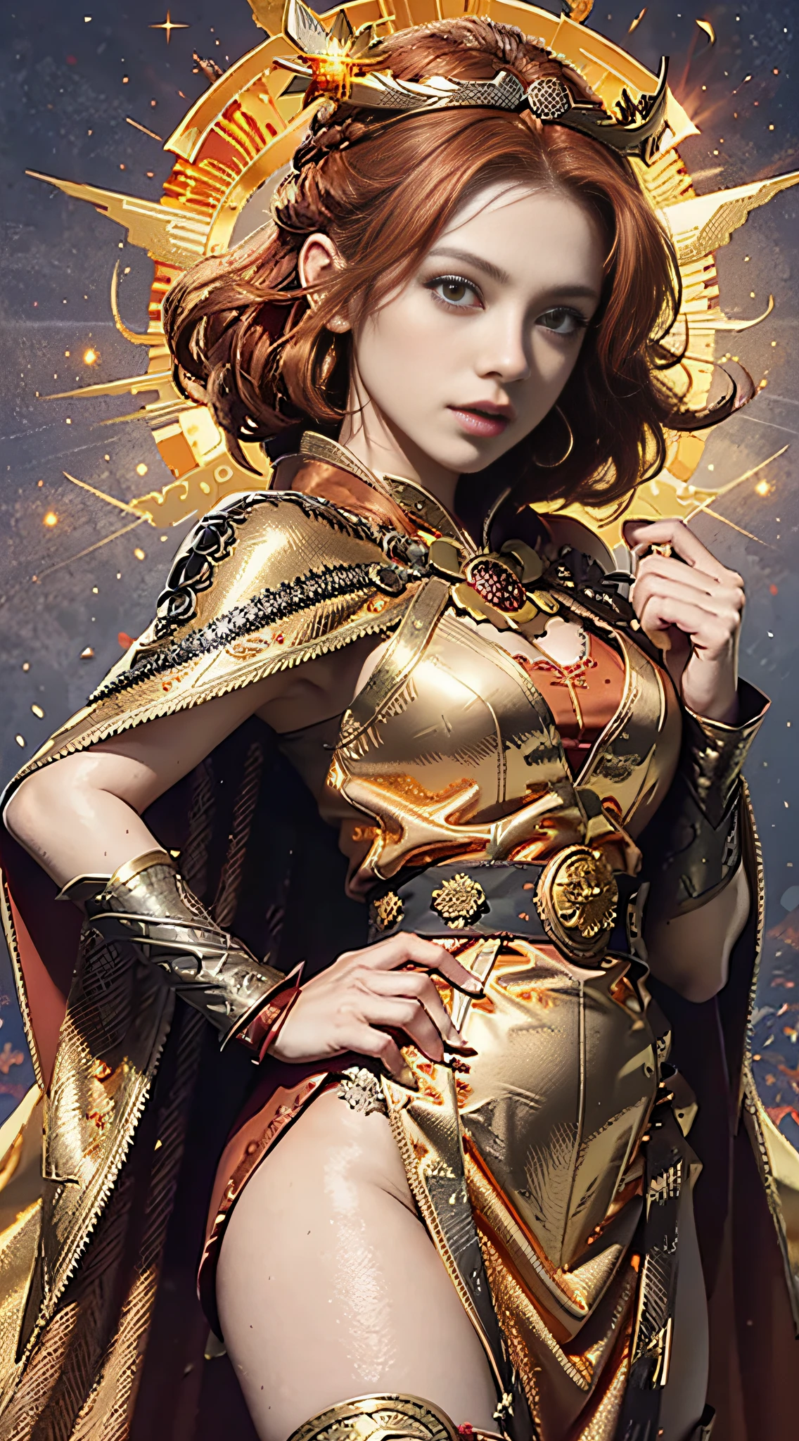 fire_deity, (red ember hair), flame_crown, ([brocade robe|fire-inspired gown]:1.3), [phoenix_cape::10], orange ([cowl:gold trim:0.4]:1.7) blazing on ([volcano cloak:solar cape:0.4]:1.5), forehead, controlling_fire, crimson eyes, waist_belt, obsidian_cuffs, volcanic_lair, fire_fan, [spiky, sunburst_braid:0.1], [gloves, fire_lantern, ember skirt:0.4],
Expressive Hues, Vibrant Palette,Dynamic Brushwork,sharp focus,