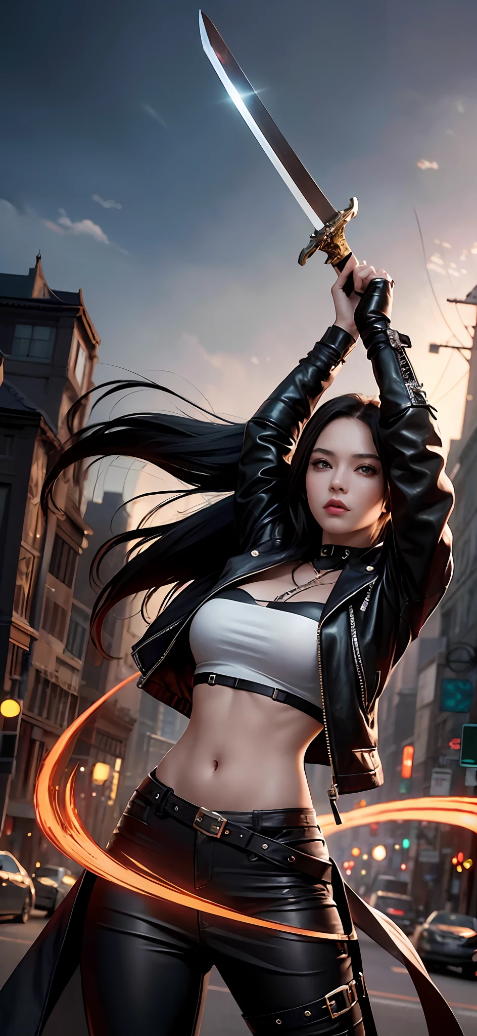 arafed image of a woman in a leather jacket holding a sword, ross tran 8 k, artwork in the style of guweiz, ross tran style, in the style of ross tran, alena aenami and artgerm, ig model | artgerm, ross tran and artgerm, rossdraws 1. 0, artgerm and rossdraws
