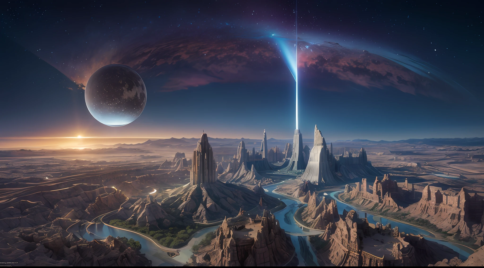 city made of stone, desert environment, Prehistory, impressive maximalist design, lots of light, hyper-realistic surrealism, award-winning masterpiece with incredible detail, extremely detailed, rigid, refraction, surface depth of field, volumetric light and shadow, ray tracing, light rays, 8K, in the style of the movie Forbidden Planet