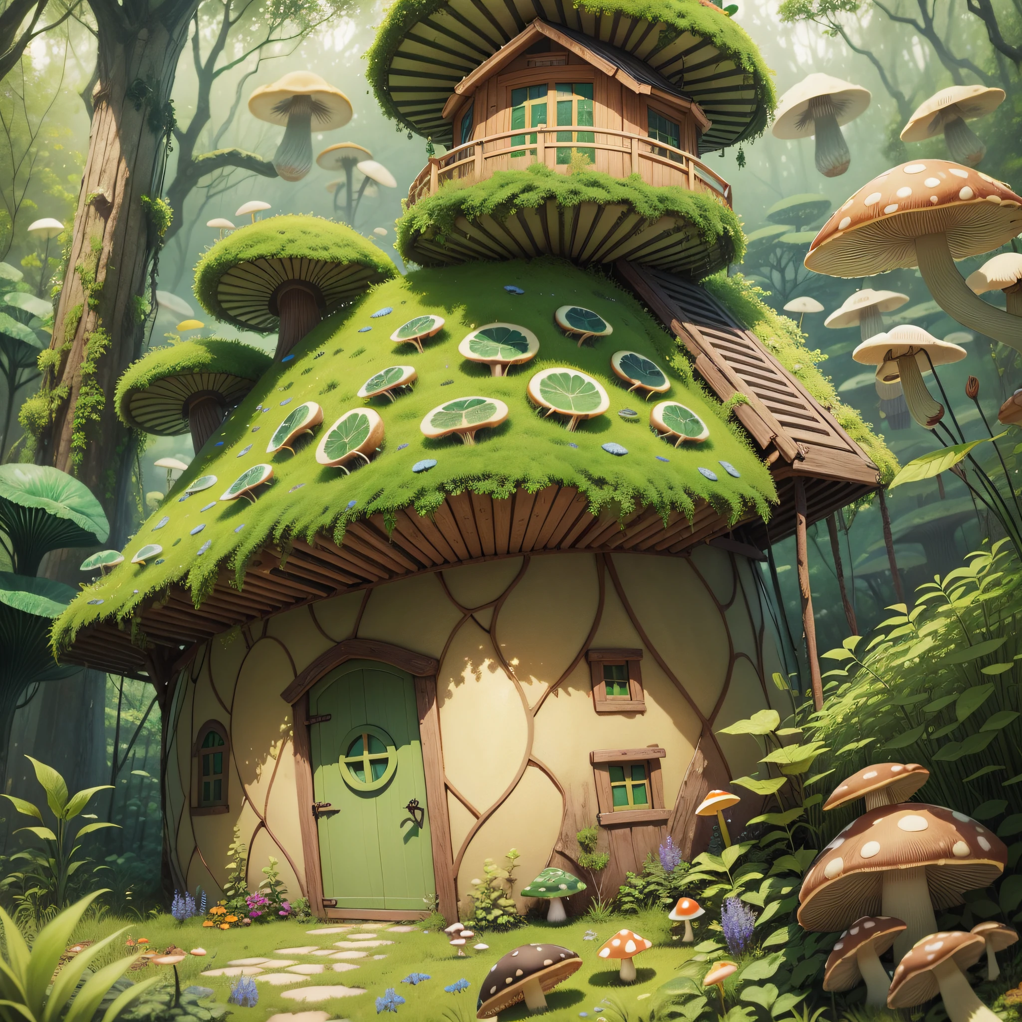 vegetable house, green and beige, surrounded by vegetation, with 3 mushrooms on top, around the house pass forest animals, humid climate, main colors of the whole image is green, blue, yellow and small parts in red --auto --s2