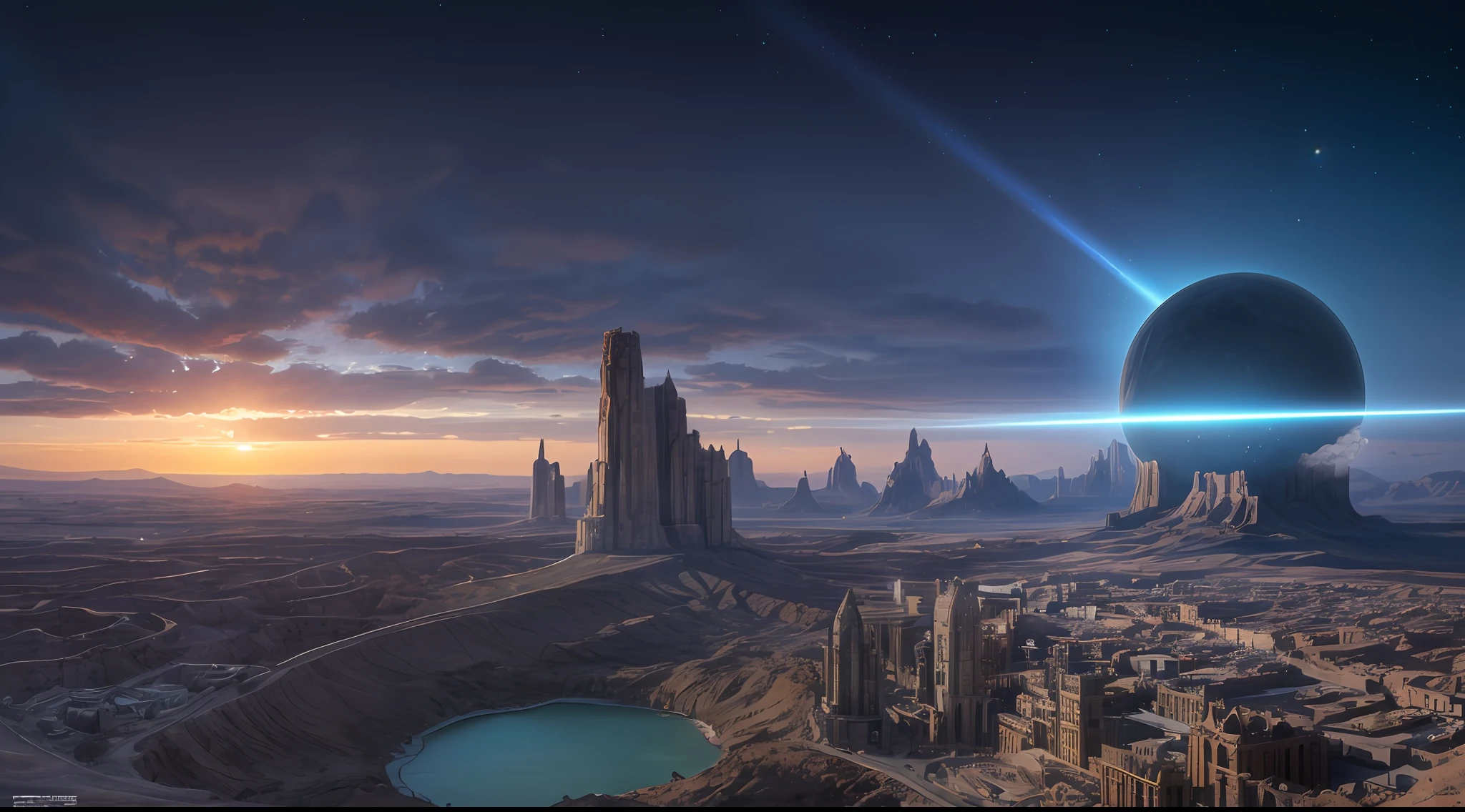 city made of stone, desert environment, Prehistory, impressive maximalist design, lots of light, hyper-realistic surrealism, award-winning masterpiece with incredible detail, extremely detailed, rigid, refraction, surface depth of field, volumetric light and shadow, ray tracing, light rays, 8K, in the style of the movie Forbidden Planet