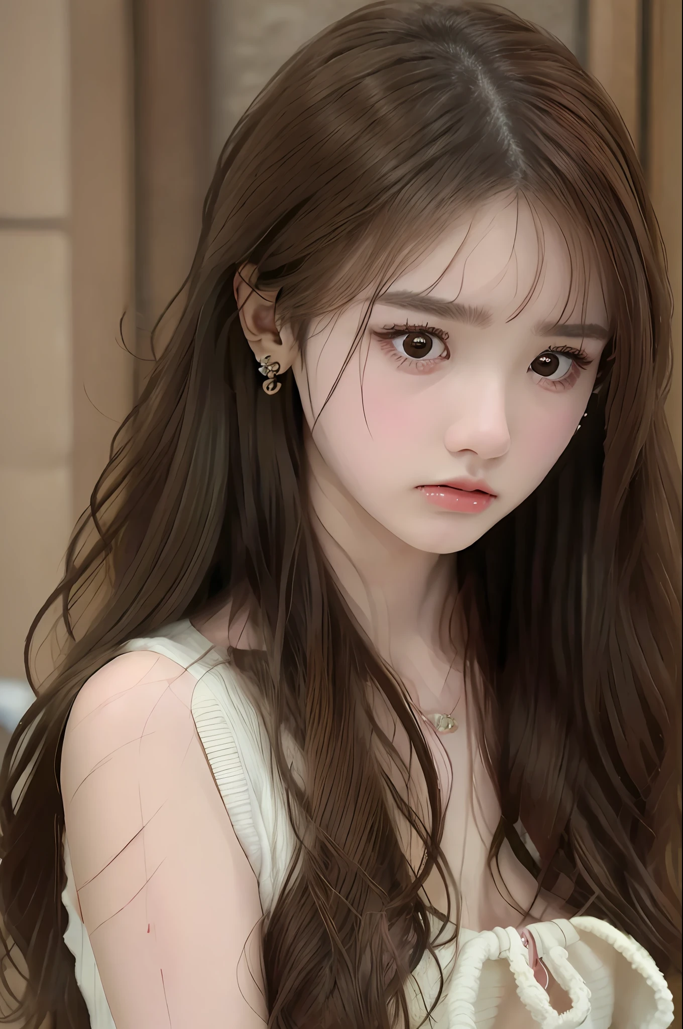 Best quality, masterpiece, super high resolution, (realistic: 1.4), original photo, 1 girl, hairpins, earrings, jewelry, brown hair, looking at the viewer, lips, grievances, crying, tears in the eyes