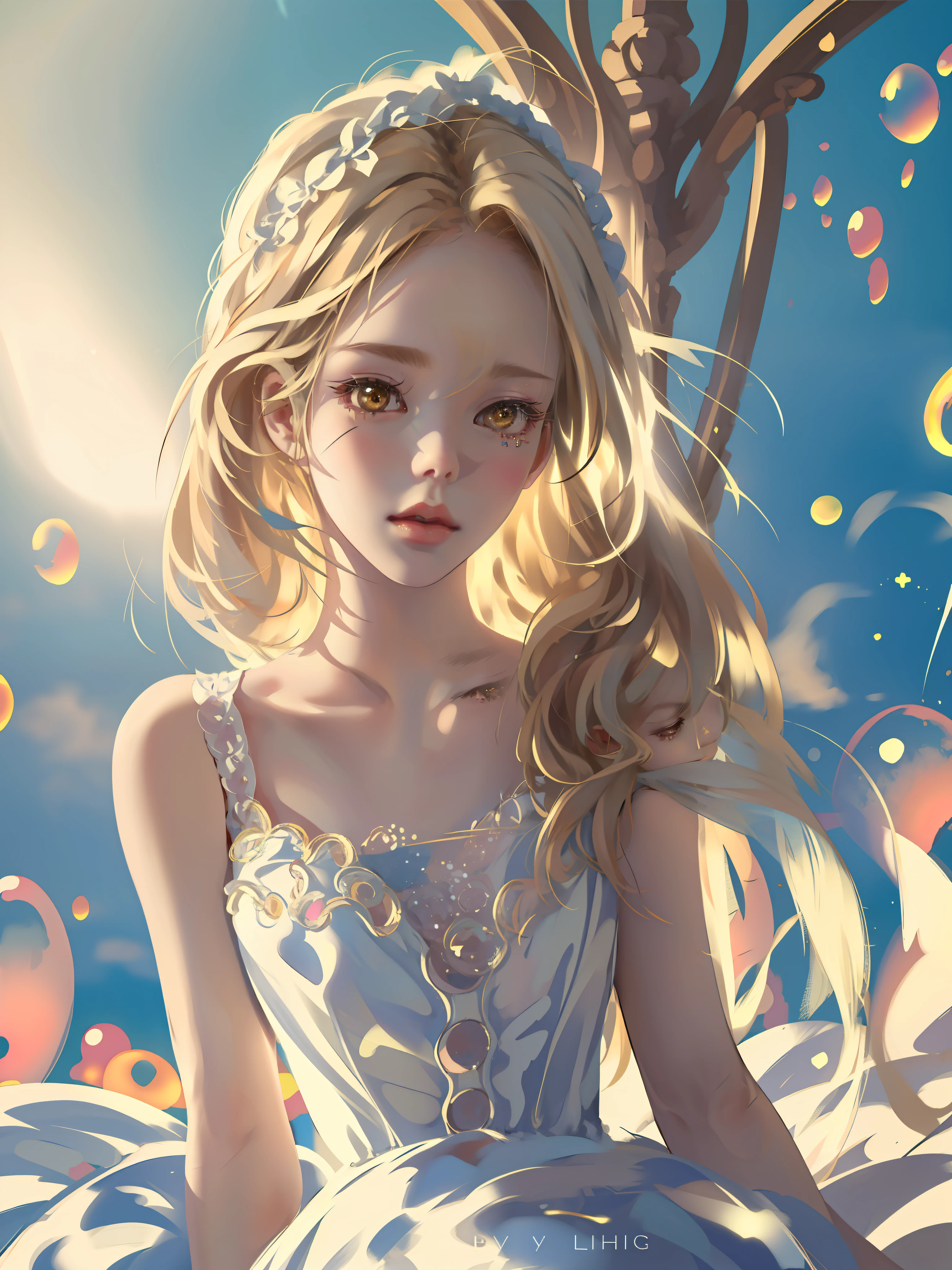 ((Masterpiece)), high quality, super detailed, blonde hair + white clothing: 1.2, sweet and delicate girl, bjd, lolita, delicate facial features, perfect figure, face with pearl decoration, surrounding bubbles, bright bright colors, romantic long hair, natural light, warm and sweet, brown eyes, gorgeous hair decoration.
