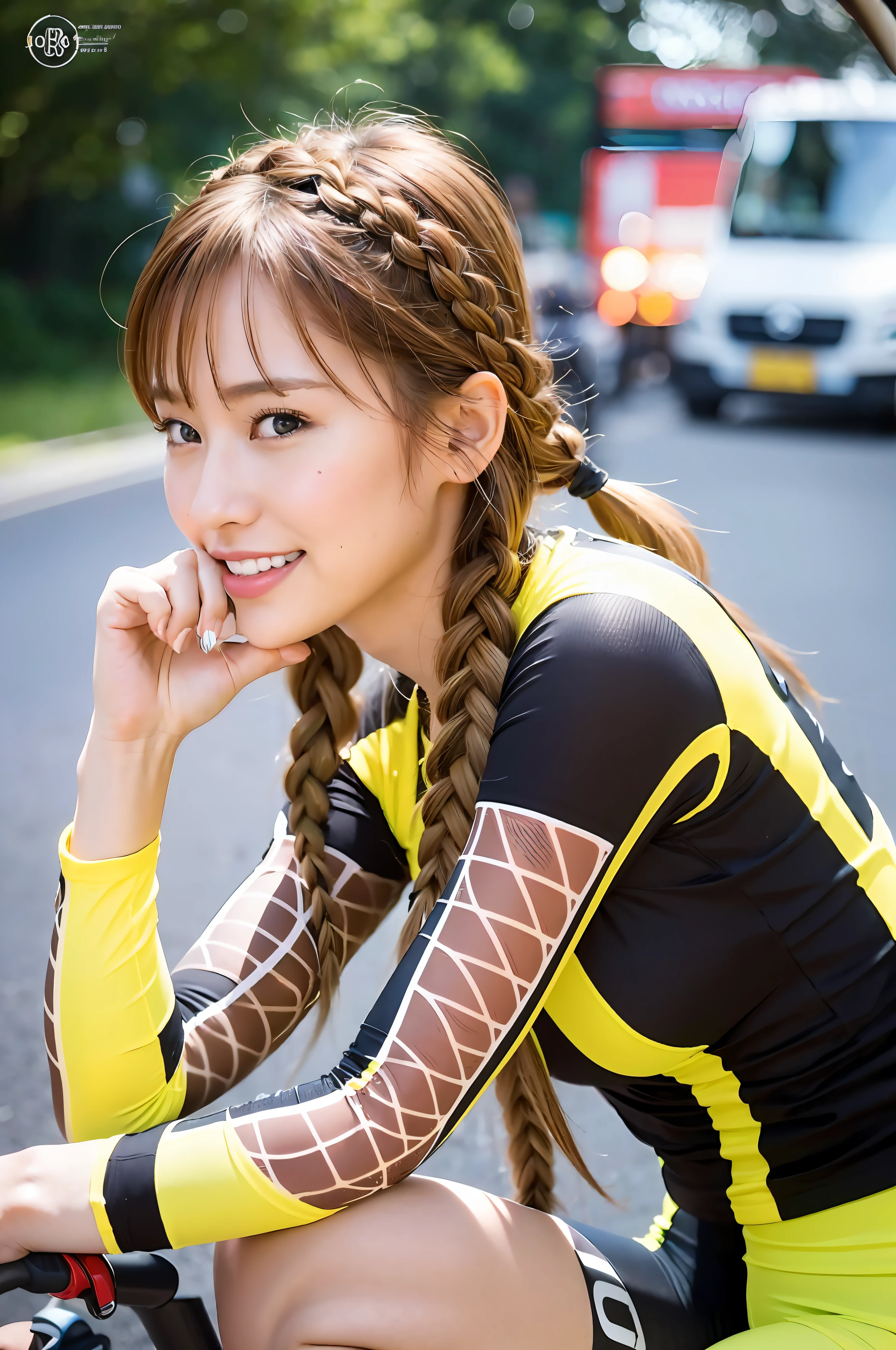 (8k, raw photo), film grain, ultra high definition, ultra detail, (super skin detail), incredibly absurd, strong rim light, asian, slim girl, seductive smile, staring, small, tattoo, braided hair, blonde hair, ((light brown hair)), (photoreal: 1.3) daylight, 1 girl, instagram, outdoor, (black shirt: 1.2), (city)))), ( very detailed face), (bangs), naked body, cycling girls, cycling, cycling wear, bicycle, road bike, sports,