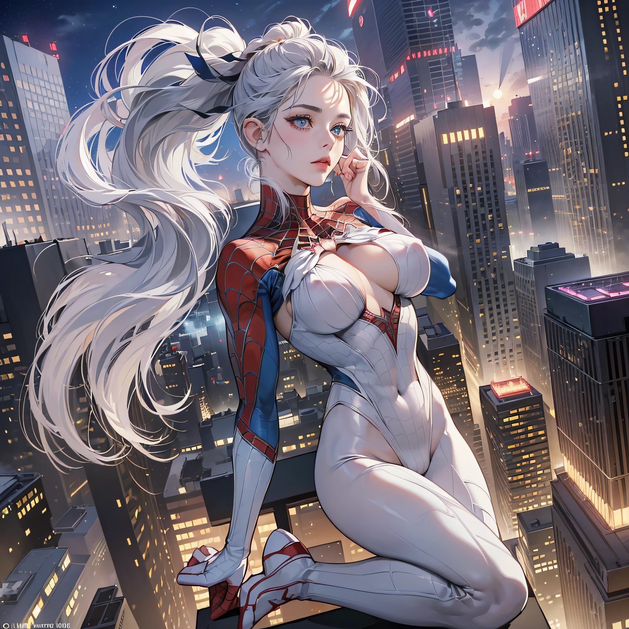 (Masterpiece:1.4), (8k, Realistic, RAW Photo, Best Quality: 1.4), Japanese, (1 Girl), Beautiful Face, (Realistic Face:1.4), (Gray Hair, Long Ponytail:1.3), Beautiful Hairstyle, Beautiful Detailed Eyes, (Best Ratio Eyes: 1.5), Attractive, Ultra High Resolution, Ultra Realistic, Highly Detailed, Best Proportions, (Detailed Face: 1.4), Looking at the Audience, Red Lipstick, (Best Ratio Fingers: 1.5), (White superhero theme, glamorous, there's a girl at the top of town, wearing a transparent lingerie Spider-Man costume, she's a superhero,[((25 years old), full body, (realistic blue eyes: 1.2), ((Spider-Man pose), show strength, jump from building to building), ((sandy city environment): 0.8)|(cityscape, night, dynamic lights), (full moon))] # Note: The prompt mainly describes ultra-high-definition 4K paintings, which are very realistic and very detailed. It shows a superheroine at the top of the city, dressed in a Spider-Man costume. The theme in the painting is a white superhero theme, the heroine has long white hair, is 25 years old this year, and her entire body is displayed in the painting. In terms of depicting the actions of superheroines, spiders are used, (spider web bra: 1.4), perky_nipples, ((exposed_nipples, bare breasts, high proportion of realistic breasts, realistic big breasts): 1.4), (shut up: 1.4), (camel_toe_pussy: 1.4), innie_pussy, shyness --auto --s2