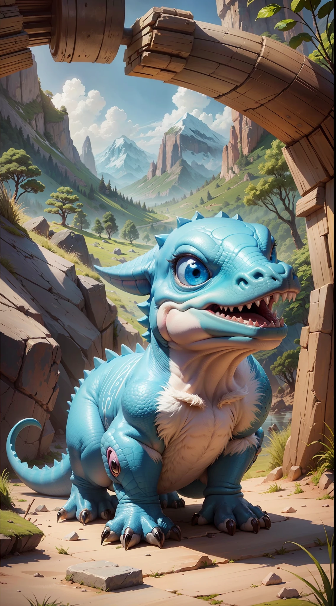 cute dinosaur cartoon blue eyes full stone age background in potratid mood mountainbackground --auto --s2