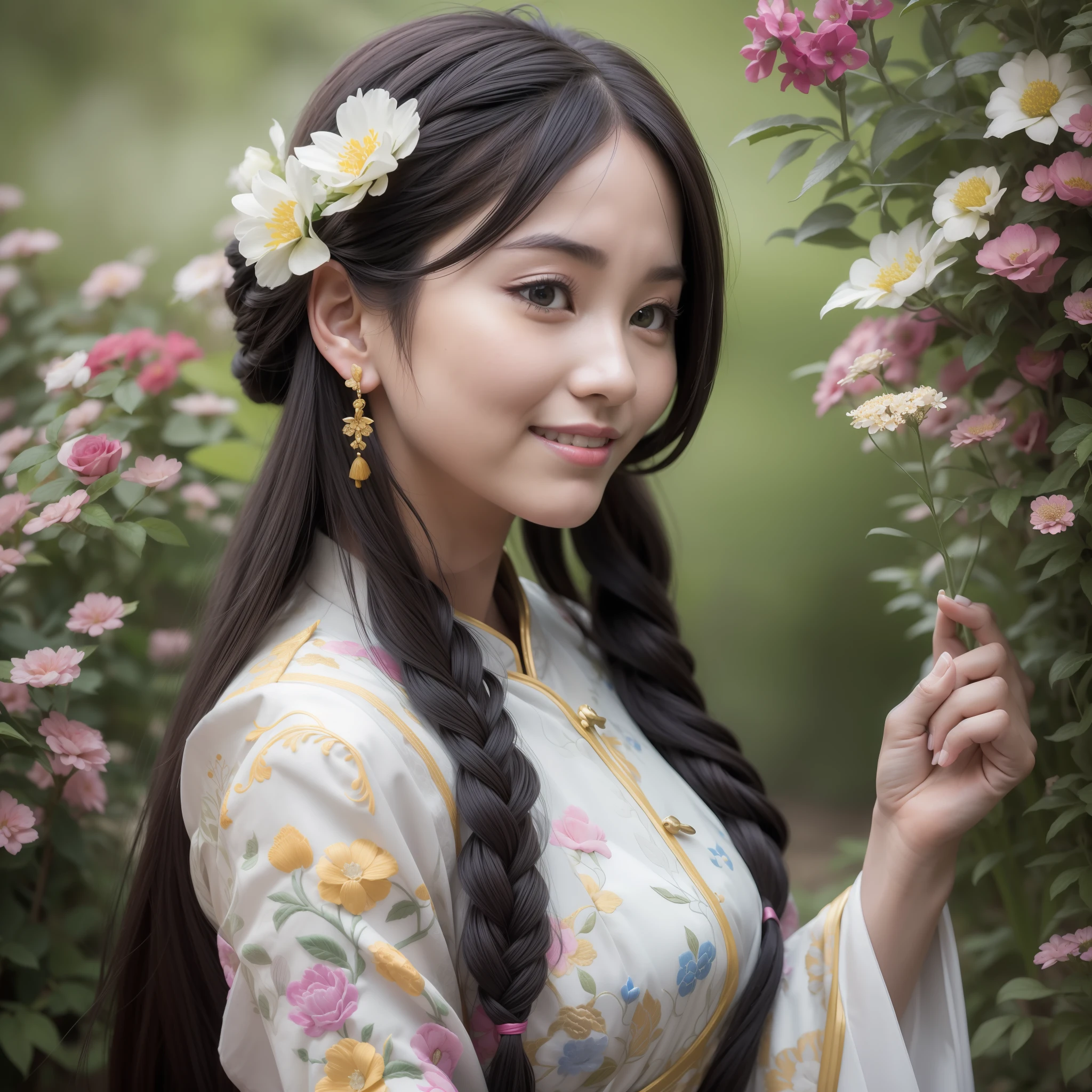 Masterpiece, absurdres,award winning photo, extremely detailed, amazing, fine detail, (extremely detailed eyes:1.125) and face, by lee jeffries nikon d850 film stock photograph 4 kodak portra 400 camera f1.6 lens rich colors hyper realistic lifelike texture dramatic lighting unrealengine trending on artstation cinestill 800 tungsten, beautiful woman, ulzzang-6500, smiling seductively, excited,
EDGHanfu, a woman, in an ancient China garden, wearing EDGHanfu, traditional,white, see through sleeves, floral embroidery, buttoned dress, black shoulder pads with beautiful and intricate floral embroidery, woman wearing makeup, flowers decorating her hair, long braided hair