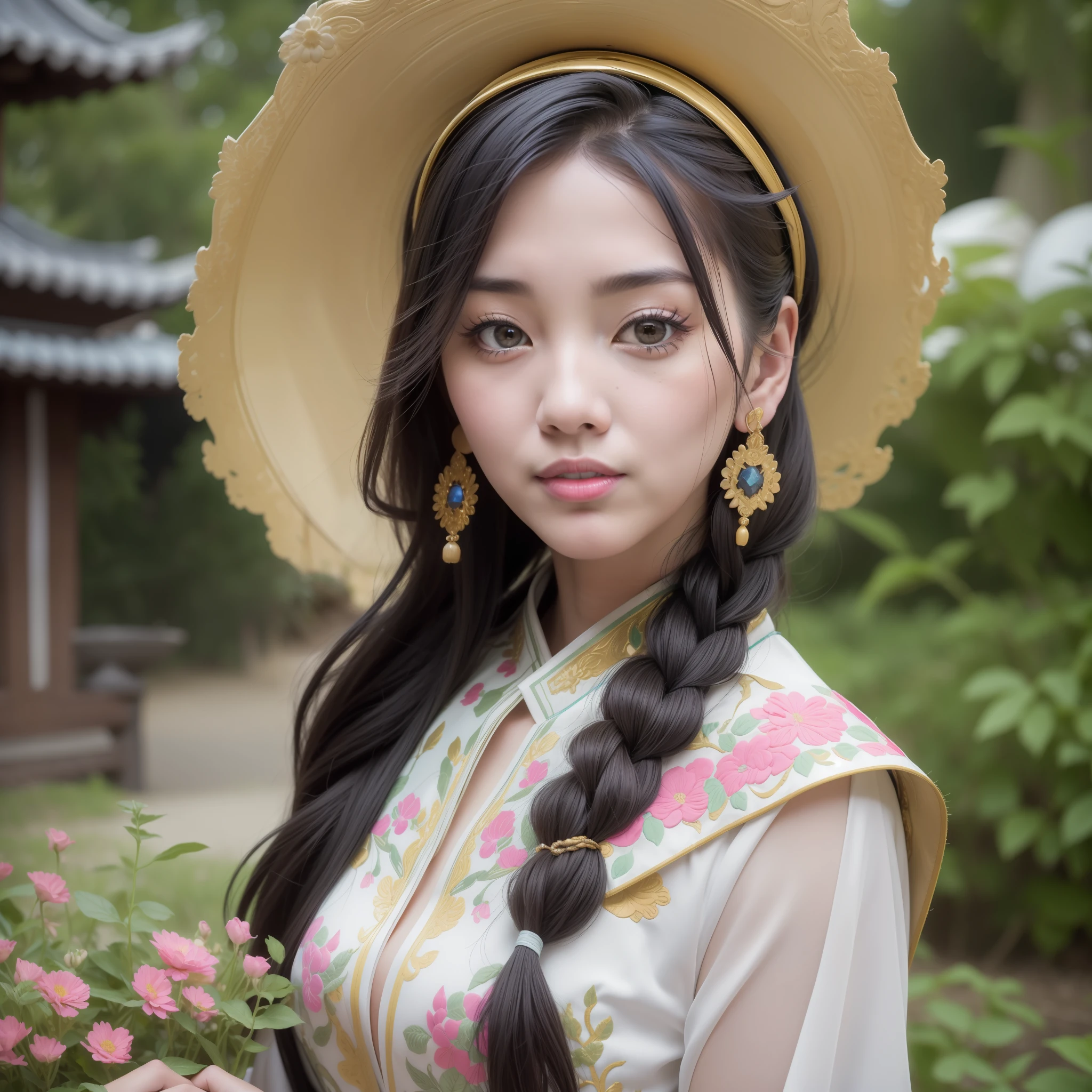 Masterpiece, absurdres,award winning photo, extremely detailed, amazing, fine detail, (extremely detailed eyes:1.125) and face, by lee jeffries nikon d850 film stock photograph 4 kodak portra 400 camera f1.6 lens rich colors hyper realistic lifelike texture dramatic lighting unrealengine trending on artstation cinestill 800 tungsten, beautiful woman, ulzzang-6500, smiling seductively, excited,
EDGHanfu, a woman, in an ancient China garden, wearing EDGHanfu, traditional,white, see through sleeves, floral embroidery, buttoned dress, black shoulder pads with beautiful and intricate floral embroidery, woman wearing makeup, flowers decorating her hair, long braided hair