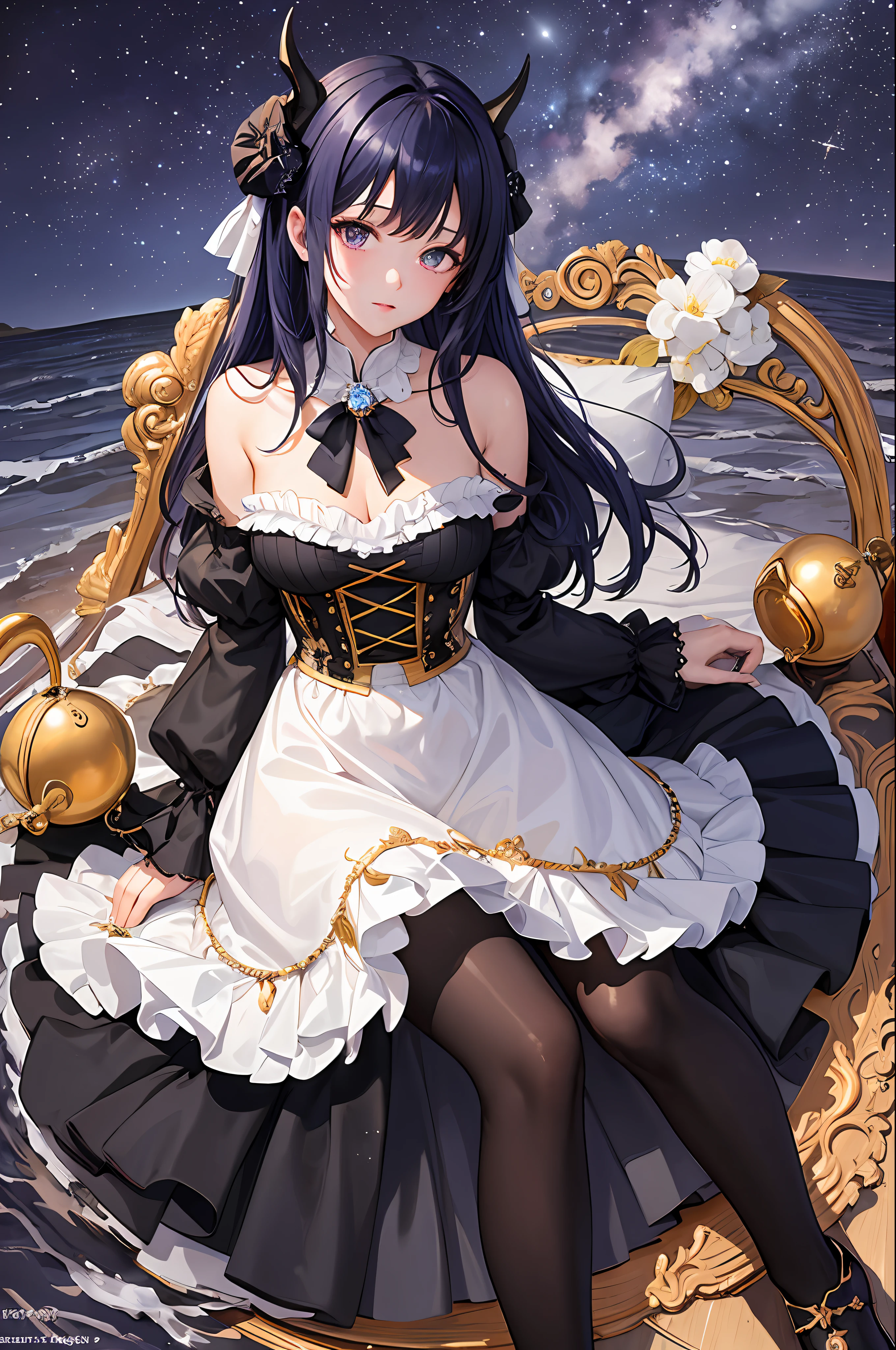 (Masterpiece, Top Quality, Best Quality, Watercolor (Medium), Official Art, Beauty and Aesthetics: 1.2), Bangs, Bare Shoulders, Full Body, Bells, Black Glove, Black Pantyhose, Blue Hair, Blush, Beautiful Breasts, Chinese Knot, Off Sleeves, Knots, Gloves, Horns, Mid-Chest, Neckbell, Purple Eyes, Seams, Solo, Tassels, Complex, High Detail, Water, Liquid, Starry Dots, Stars, Star Diamond Milky Way, Floral Lolita Shoes, Bow Clip;