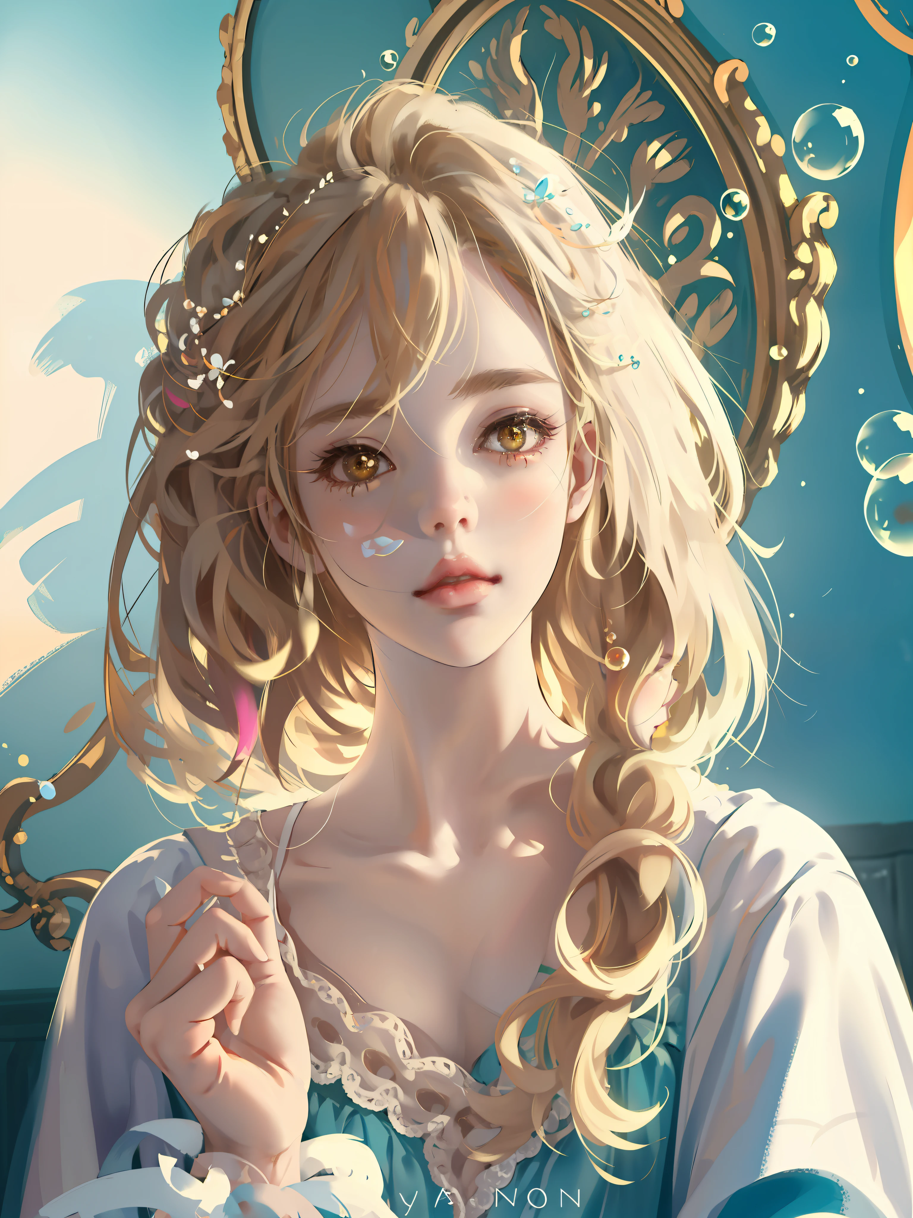 ((Masterpiece)), high quality, super detailed, blonde hair + white clothing: 1.2, sweet and delicate girl, bjd, ta, delicate facial features, perfect figure, face with pearl decoration, surrounding bubbles, bright bright colors, romantic long hair, natural light, warm and sweet, brown eyes, gorgeous hair decoration.
