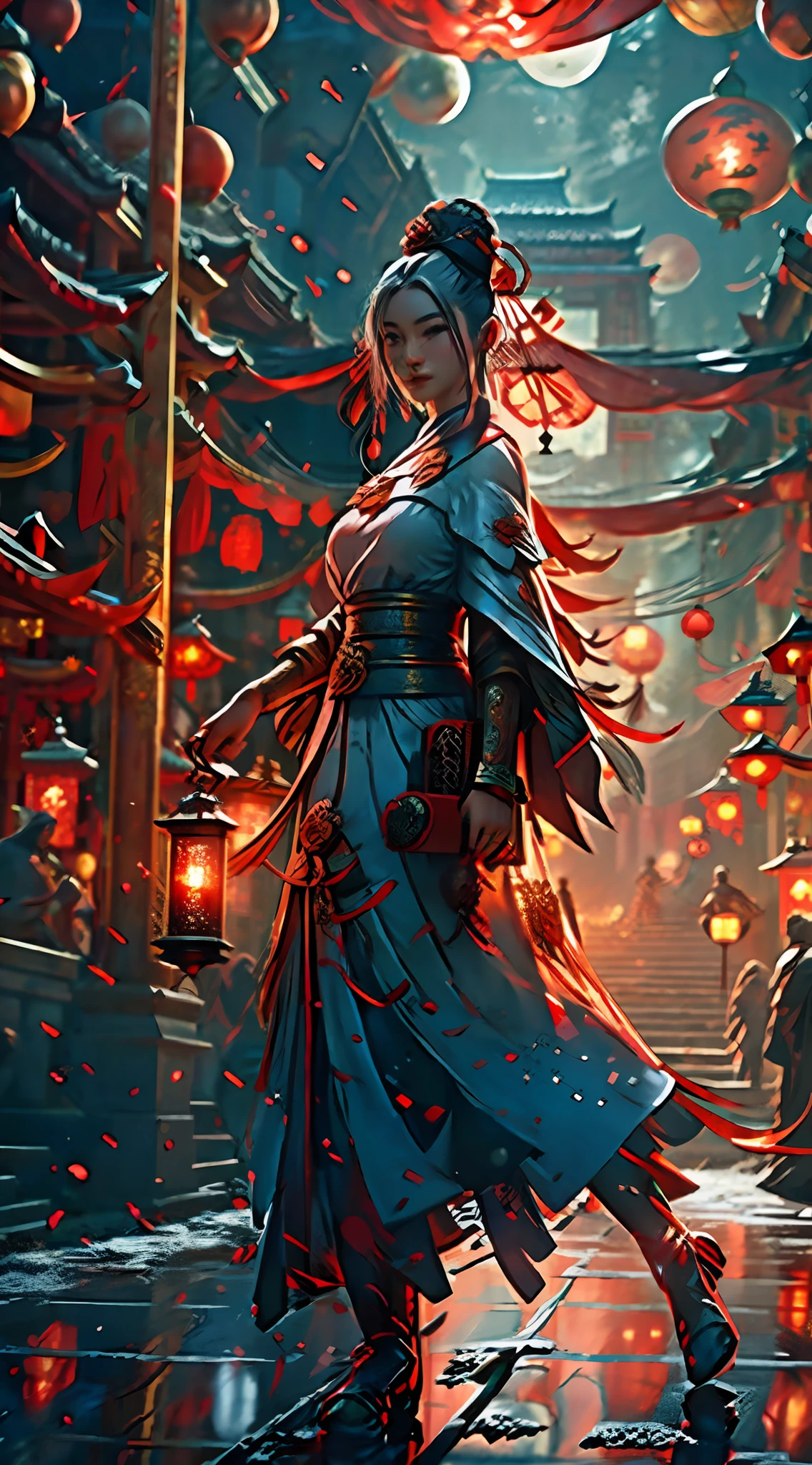 At night, snowflakes fall, in the red court of China, a palace maid wearing a cheongsam carrying a lantern, walking slowly on the long road, lonely, dark, details presented like a master level, looking back and smiling, masterpiece, best quality, complex, high detail, 8k, high resolution, beautiful face, white hair