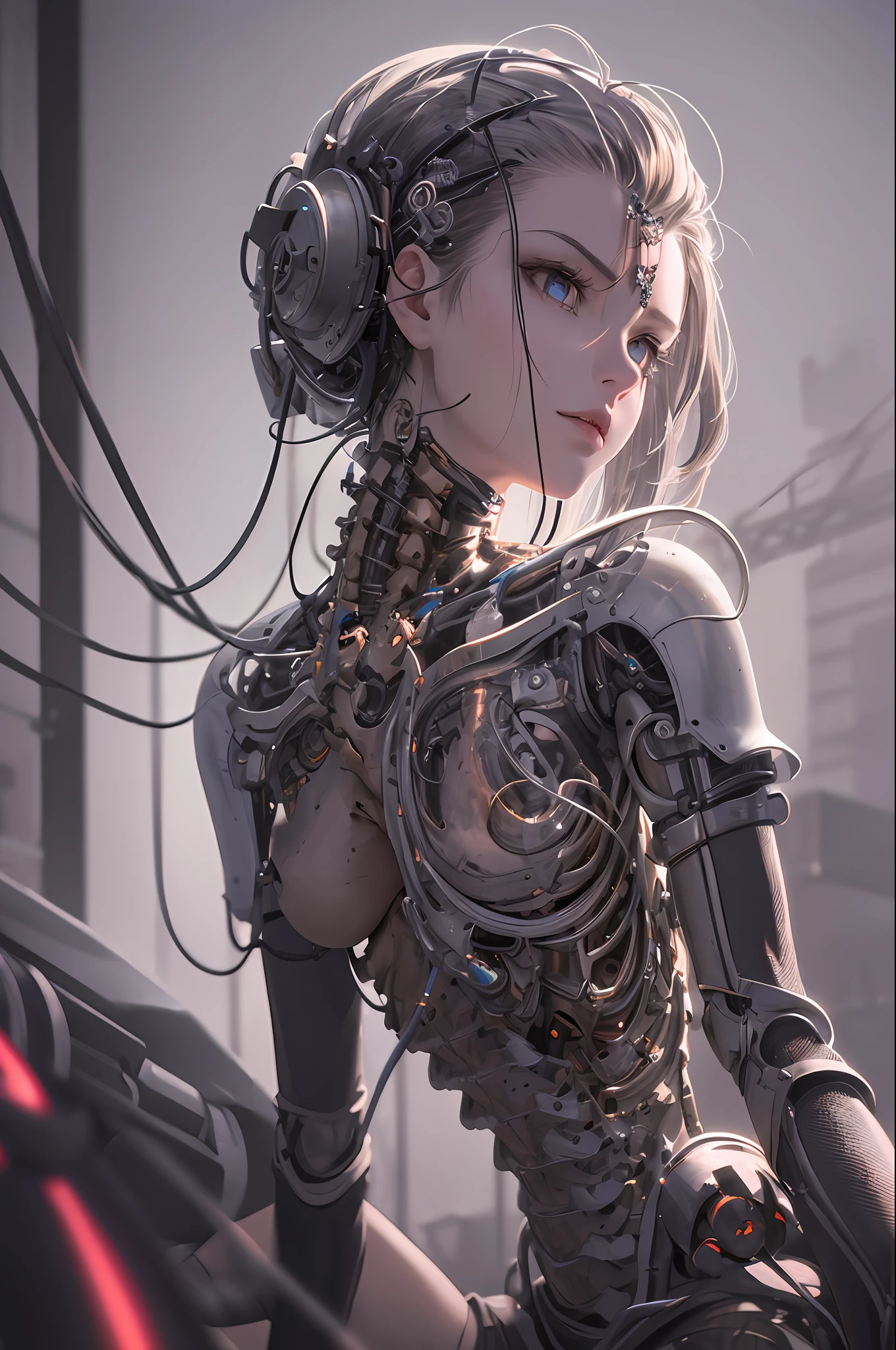 1 mechanical girl, ((ultra-realistic details)), portrait, global illumination, shadows, octane rendering, 8k, super sharp, metallic, complex, ornamental detailed, cool color, Egyptian detail, highly complex detail, realistic light, CGsociety trend, glowing eyes, facing camera, neon detail, mechanical limbs, blood vessels attached to tubes, mechanical vertebrae attached to the back, mechanical cervical vertebrae attached to the neck, sitting, wires and cables attached to the head, aperture on the back