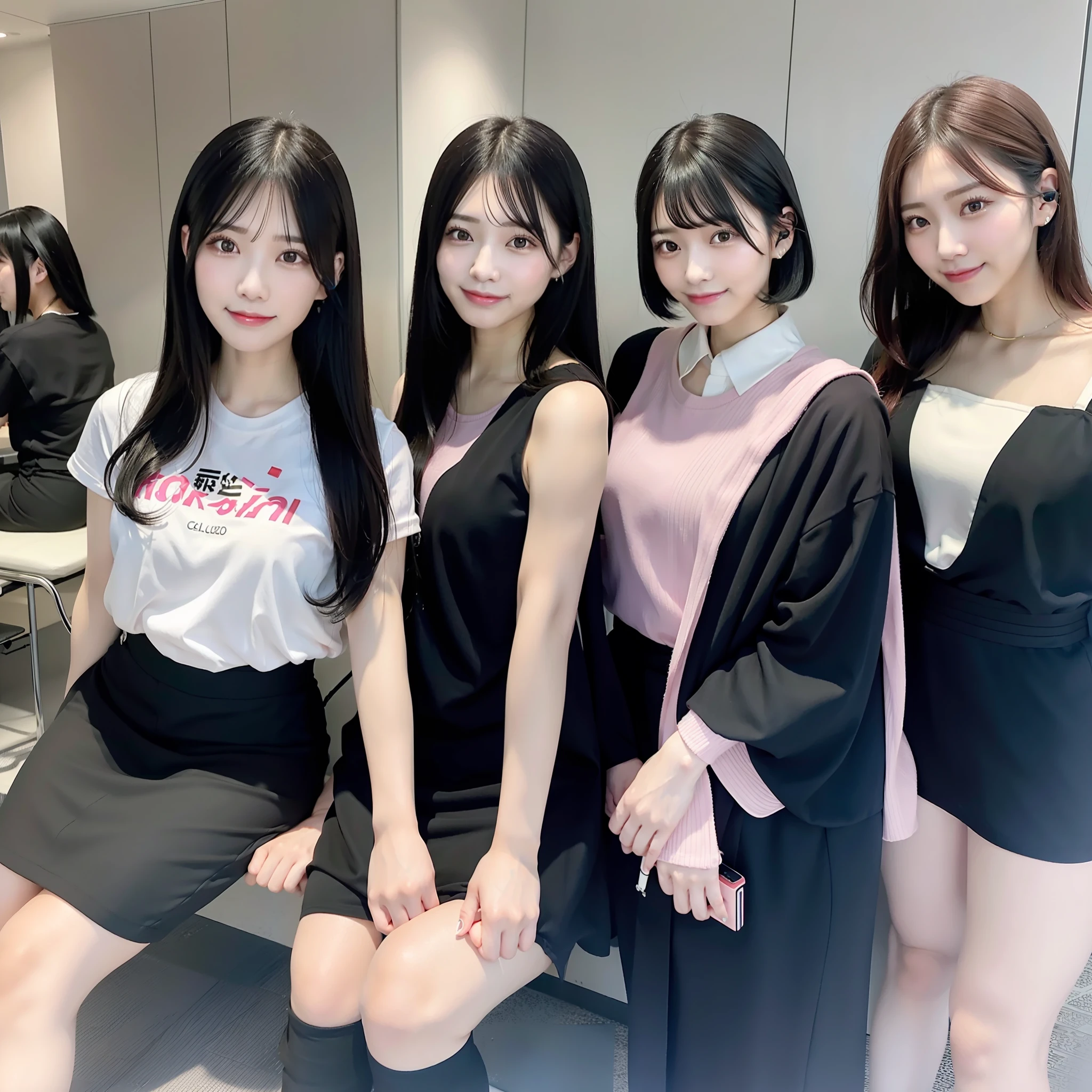 3 Japan beauties with long black hair, 1 Japan beauty with short pink hair, call center, office, plain clothes, headphones, beautiful legs