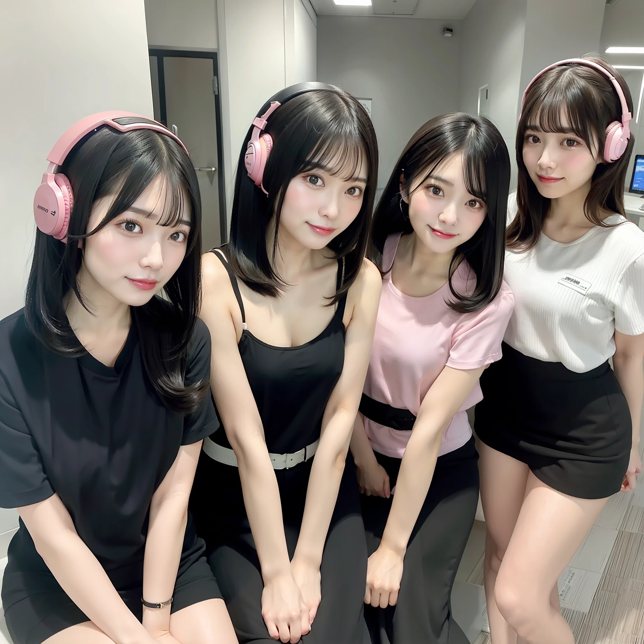 3 Japan beauties with long black hair, 1 Japan beauty with short pink hair, call center, office, plain clothes, headphones, beautiful legs