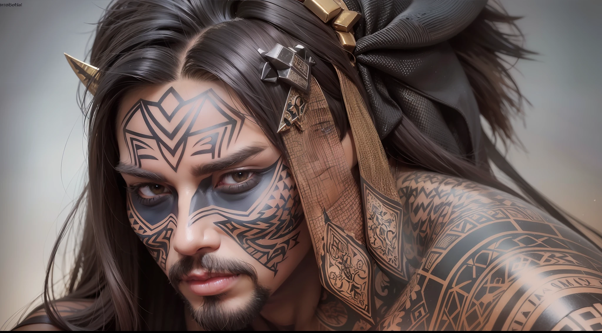 man with geometric tattoo, facial tattoos, tips for a smile berserker oil painting, brunette skin full body portrait d&d, highly detailed, desert background, vibrant, photorealistic, realistic, dramatic, dark, sharp focus, 8k