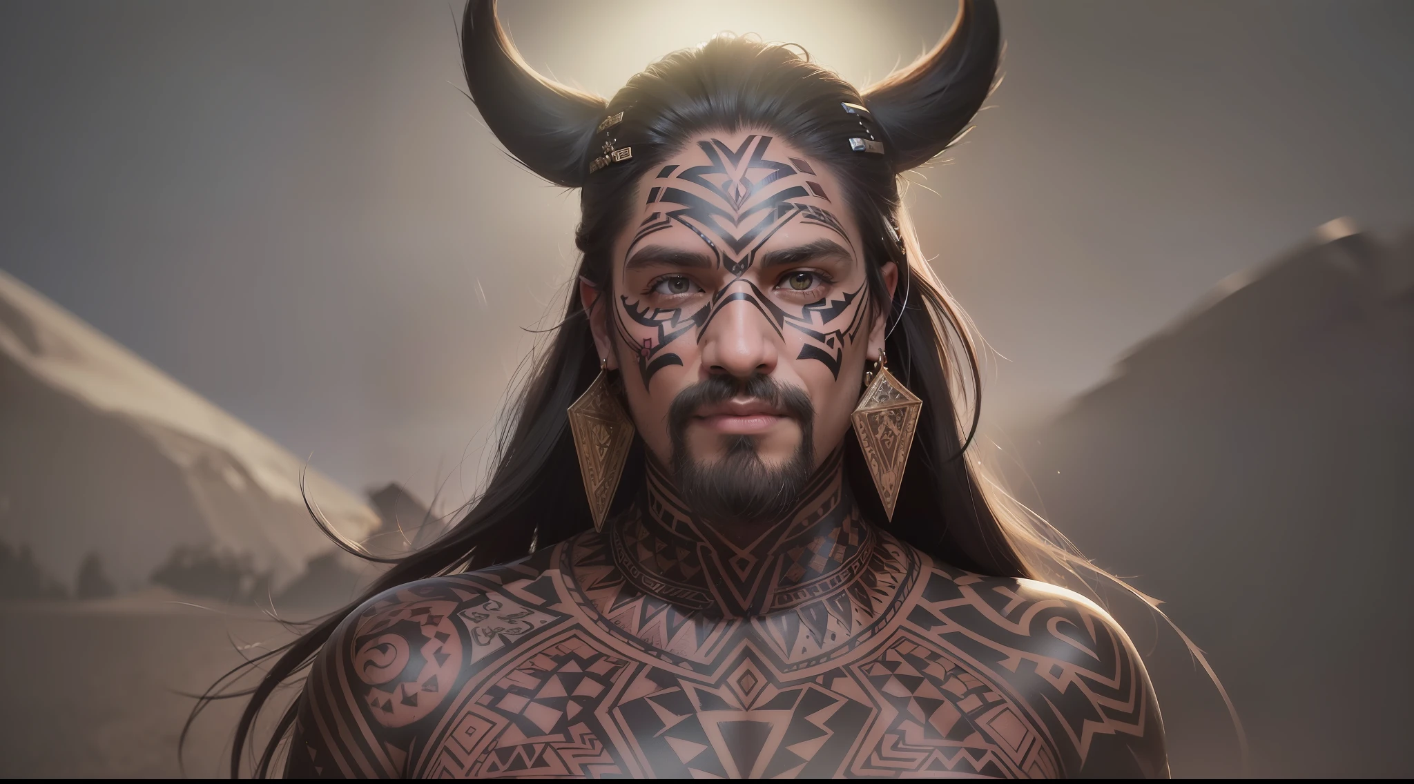 man with geometric tattoo, facial tattoos, tips for a smile berserker oil painting, brunette skin full body portrait d&d, highly detailed, desert background, vibrant, photorealistic, realistic, dramatic, dark, sharp focus, 8k