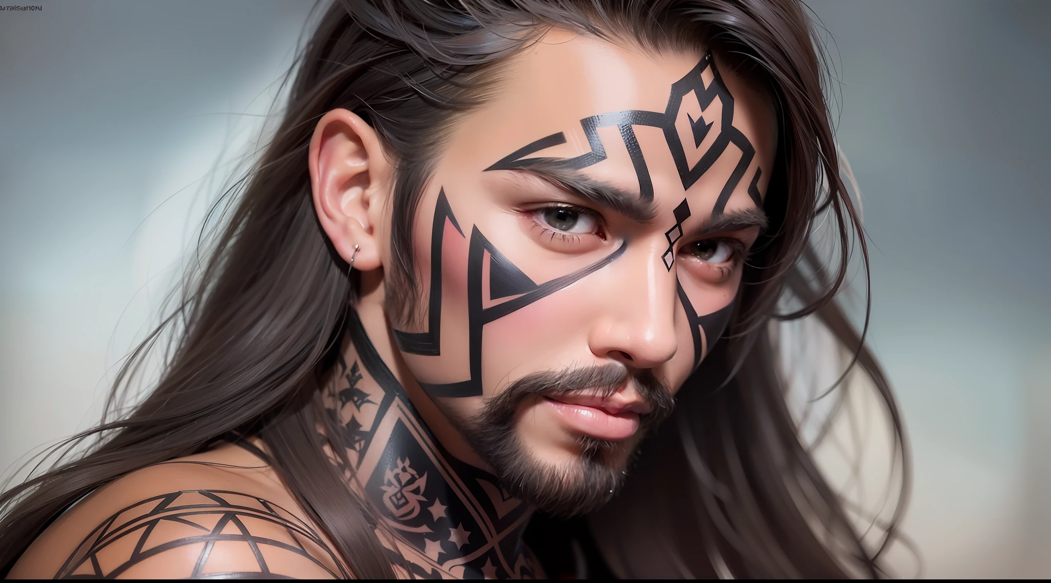 man with geometric tattoo, facial tattoos, tips for a smile berserker oil painting, brunette skin full body portrait d&d, highly detailed, desert background, vibrant, photorealistic, realistic, dramatic, dark, sharp focus, 8k