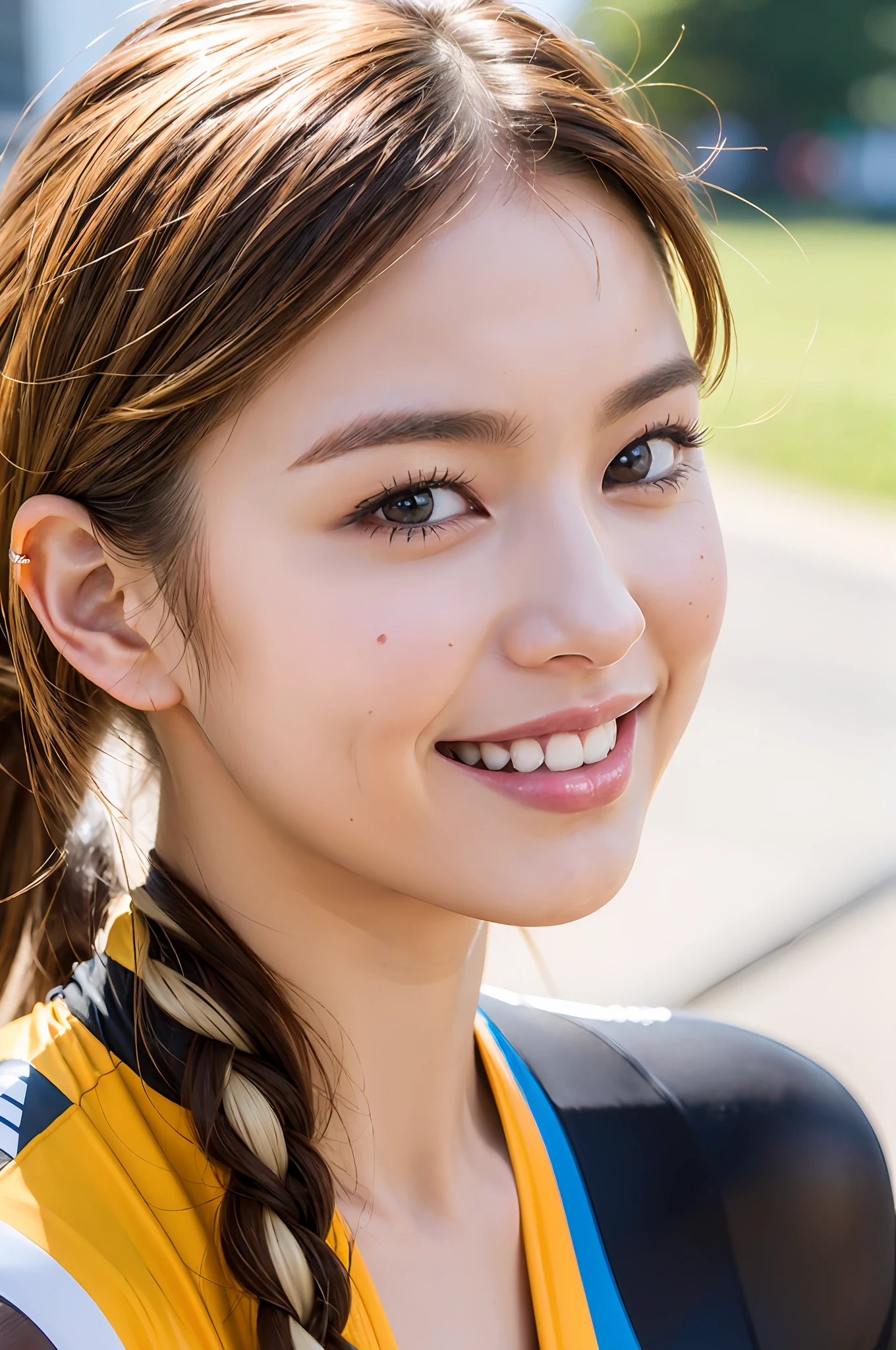 (8k, raw photo), film grain, ultra high resolution, ultra detail, (super skin detail), incredibly absurd, strong rim lights, asian, slim girl, seductive smile, staring, small, tattoo, braided hair, blonde hair, ((light brown hair)), (photoreal: 1.3) daylight, 1 girl, outdoor, (black shirt: 1.2), (urban)))), (highly detailed face), (bangs) women, naked body, cycling, cycling, cycling wear, bicycle, road bike, sport, tour de France