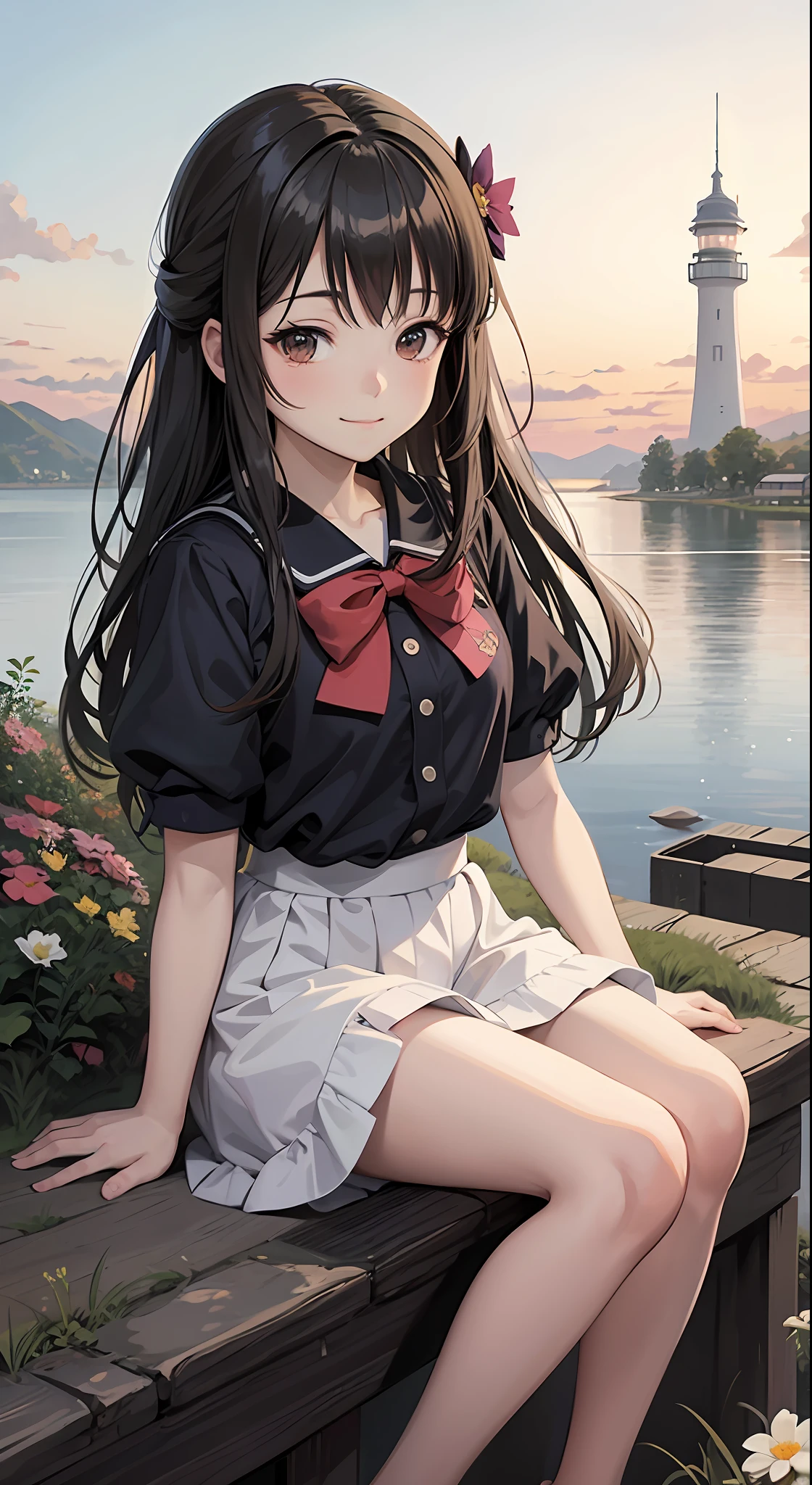 16 years old, anime girl sitting on the side of the road looking at the water, (boat in the distance), (dog), (flower bed), there is a tower, anime vision of cute girl, portrait of cute anime girl, cute detailed digital art, anime style portrait, beautiful anime portrait, digital anime illustration, cute anime girl, detailed portrait of anime girl, anime style illustration, kawaii realistic portrait, cute anime girl portrait, detailed fan art, young anime girl, detailed digital anime art, black hair, hair bow, Smile, gaze-level shooting, Ghibli-like color, UHD