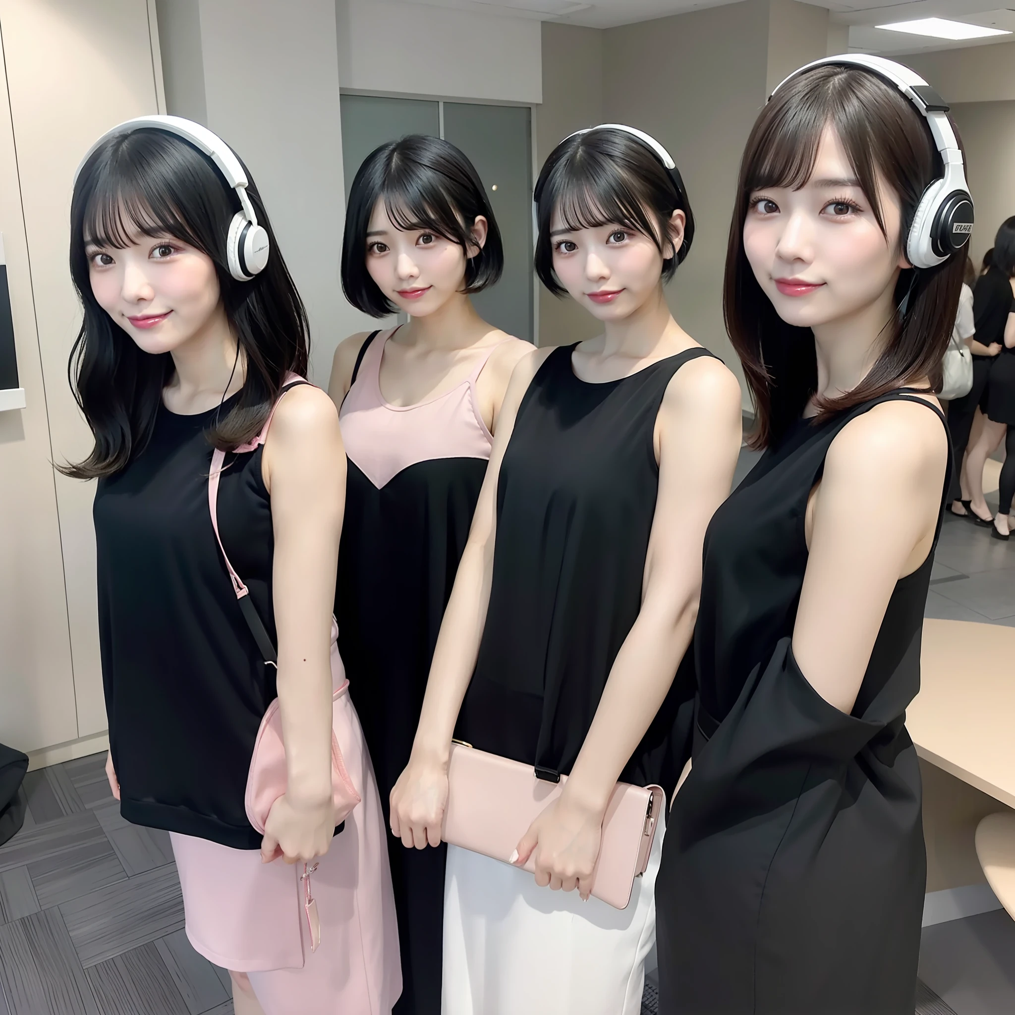 3 Japan beauties with long black hair, 1 Japan beauty with pink short hair, call center, office, plain clothes, headphones, computer, beautiful legs