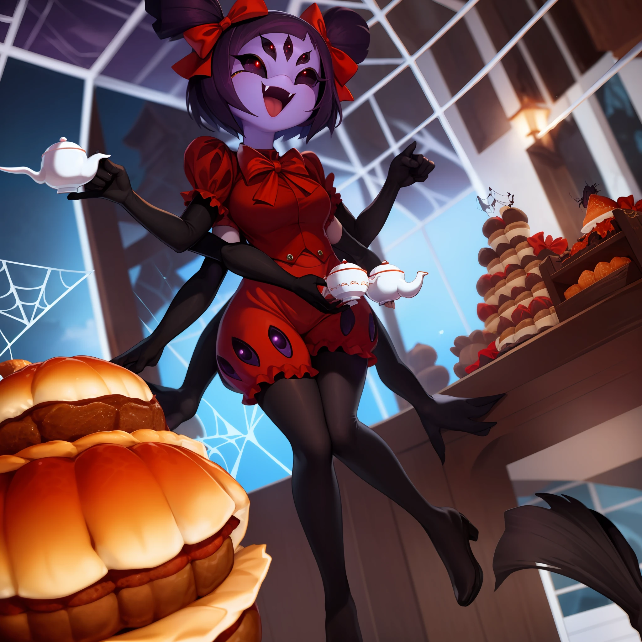 masterpiece, best quality, a beautiful and detailed portriat of muffet,(muffetwear), monster girl,((purple body:1.3)),humanoid, arachnid, anthro,((fangs)),pigtails,hair bows,5 eyes,spider girl,6 arms,solo,smile, clothed, open mouth, awesome and detailed background, holding teapot, holding teacup, 6 hands,detailed hands,((spider webs:1.4)), storefront that sells pastries and tea,bloomers,(red and black clothing),inside,pouring into teacup,wide angle lens, ((fish eye effect)) ,armwear, thighs