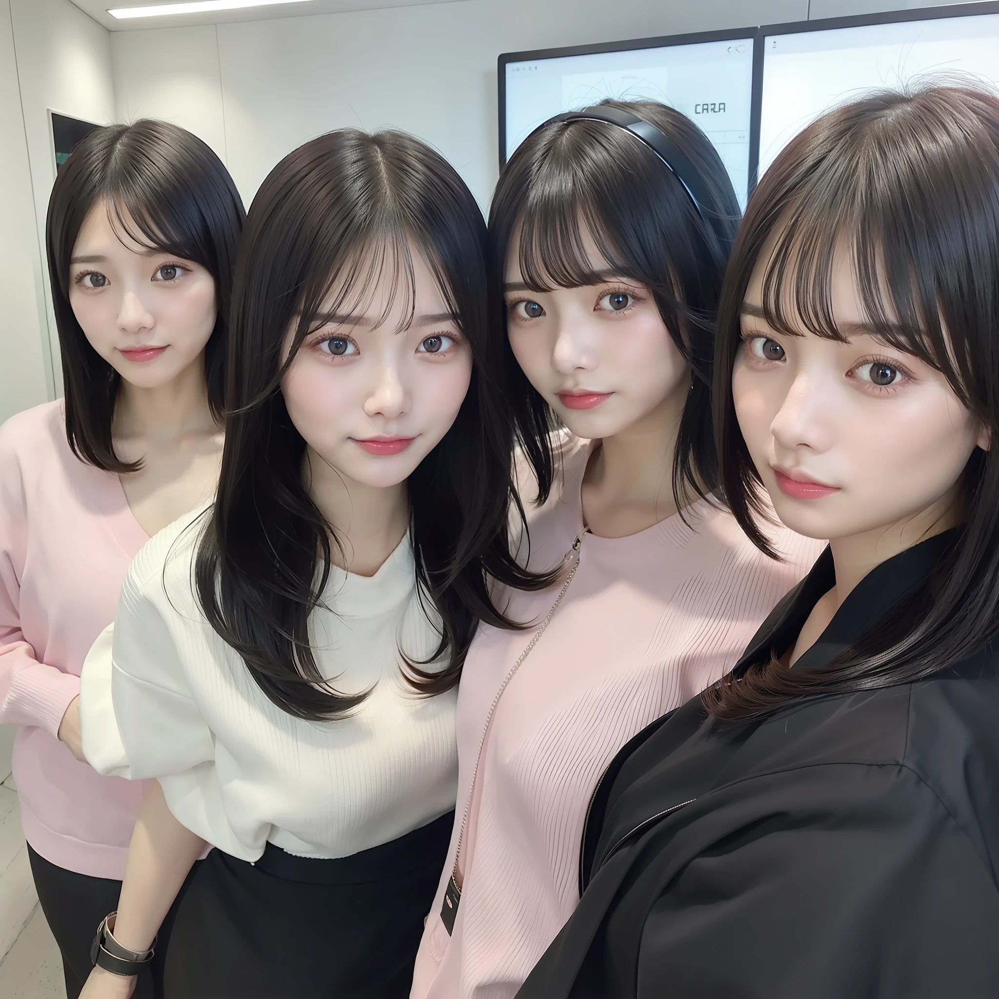 3 Japan beauties with long black hair, 1 Japan beauty with pink short hair, call center, office, plain clothes, headphones, computer, beautiful legs