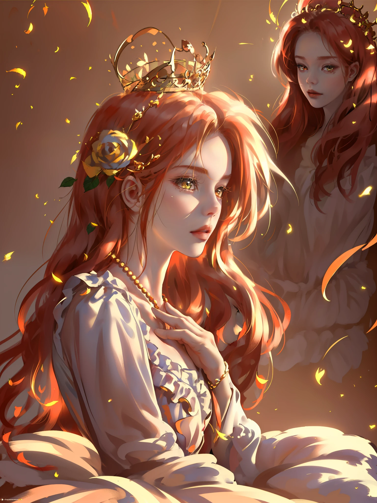 (((Masterpiece)), high quality, super detailed, red hair + golden clothing: 1.2, sweet and delicate girl, delicate facial features, perfect body, ta, crown, face with decoration, rose, bright bright colors, pearl white background, romantic long hair, natural light, warm and sweet, golden eyes, gorgeous hair decoration.