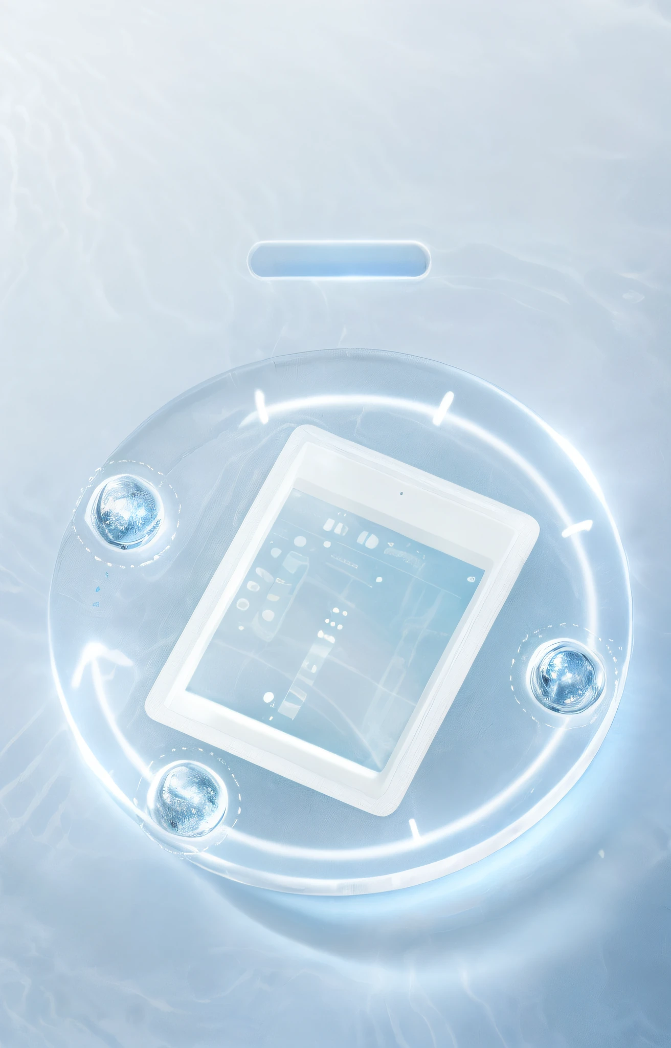 there is a tablet computer floating in a pool of water, sleek cool waterproof design, sleek waterproof design, bottom angle, scifi gadgets in a pond, smooth technology, product introduction photo, liquid interface, fluid bag, liquid simulation background, in water, closeup of magic water gate, water background, in liquid, bottom - view, water particle in front, technology