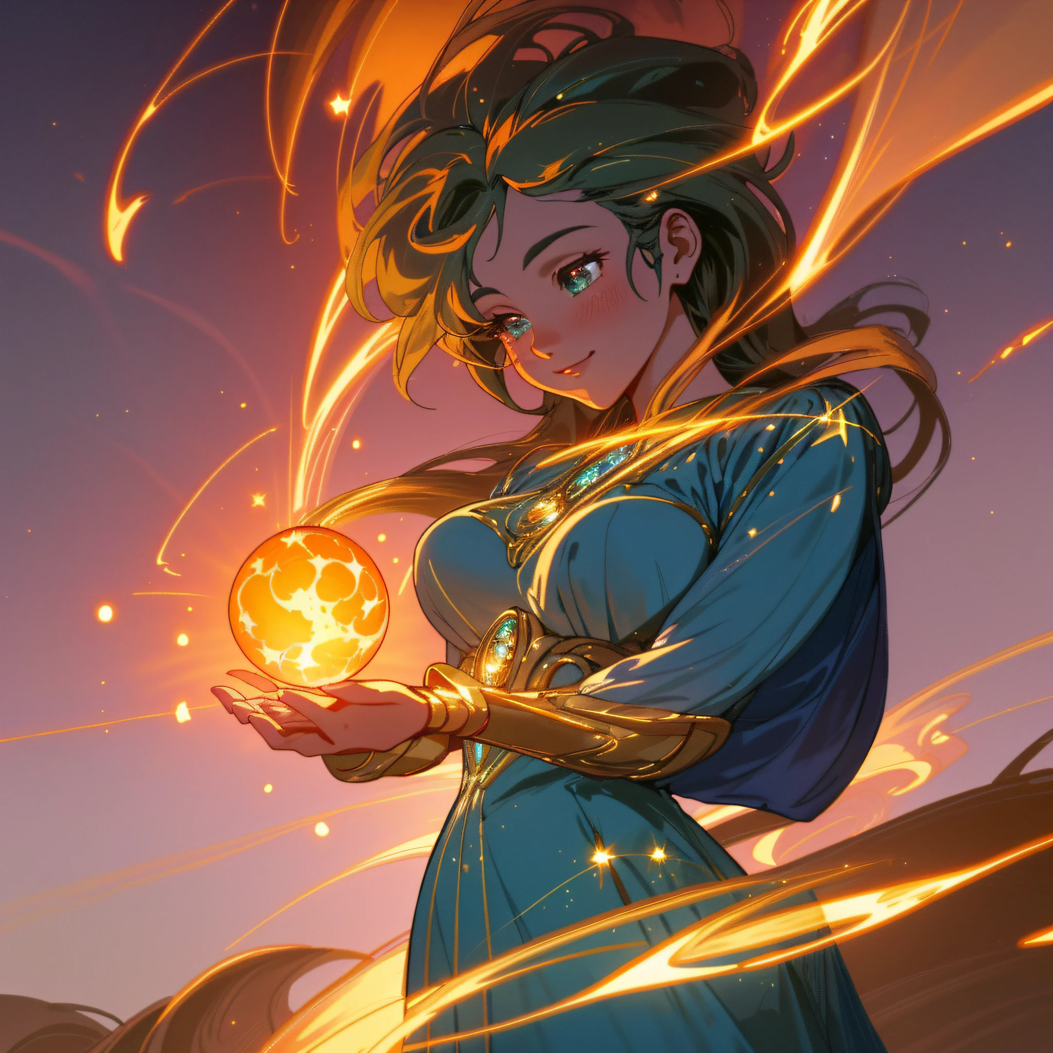 ((best quality)), ((masterpiece)), ((realistic cartoon)), ((perfect character)), ((extremely detailed 8k CG wallpaper)),
Cinematic lighting enhances the ethereal beauty of the emerald-eyed girl, casting a soft glow on her radiant smile. She exudes elegance, wearing a flowing midnight blue gown adorned with sparkling stars. The scene unfolds at twilight, with a warm orange and purple sky as a backdrop. Delicate fireflies dance around her, creating a magical ambiance. This highly detailed, realistic cartoon illustration creates a perfect character, transporting you into an enchanting world. It's an 8k ultra HD landscape, a breathtaking masterpiece capturing this amazing scenery.
