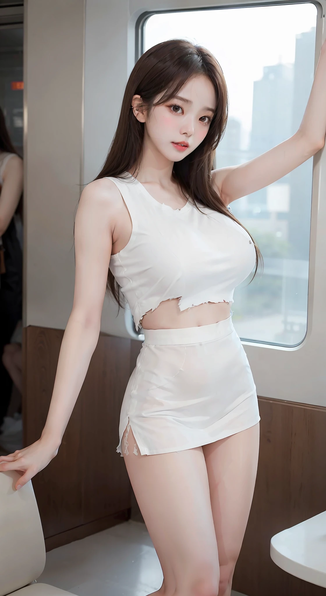 (best quality, 8k, masterpiece: 1.3), 1 girl, (huge breasts:1.3), (long brown hair and delicate fashion sense), slim leg,(full body), real, (slim:1.5), High resolution face,beautiful korean, (Kpop idol),(in a train),(white sleeveless shirt:1.3),Plaid skirt,tears,(torn:1.4),(nsfw:1.4)