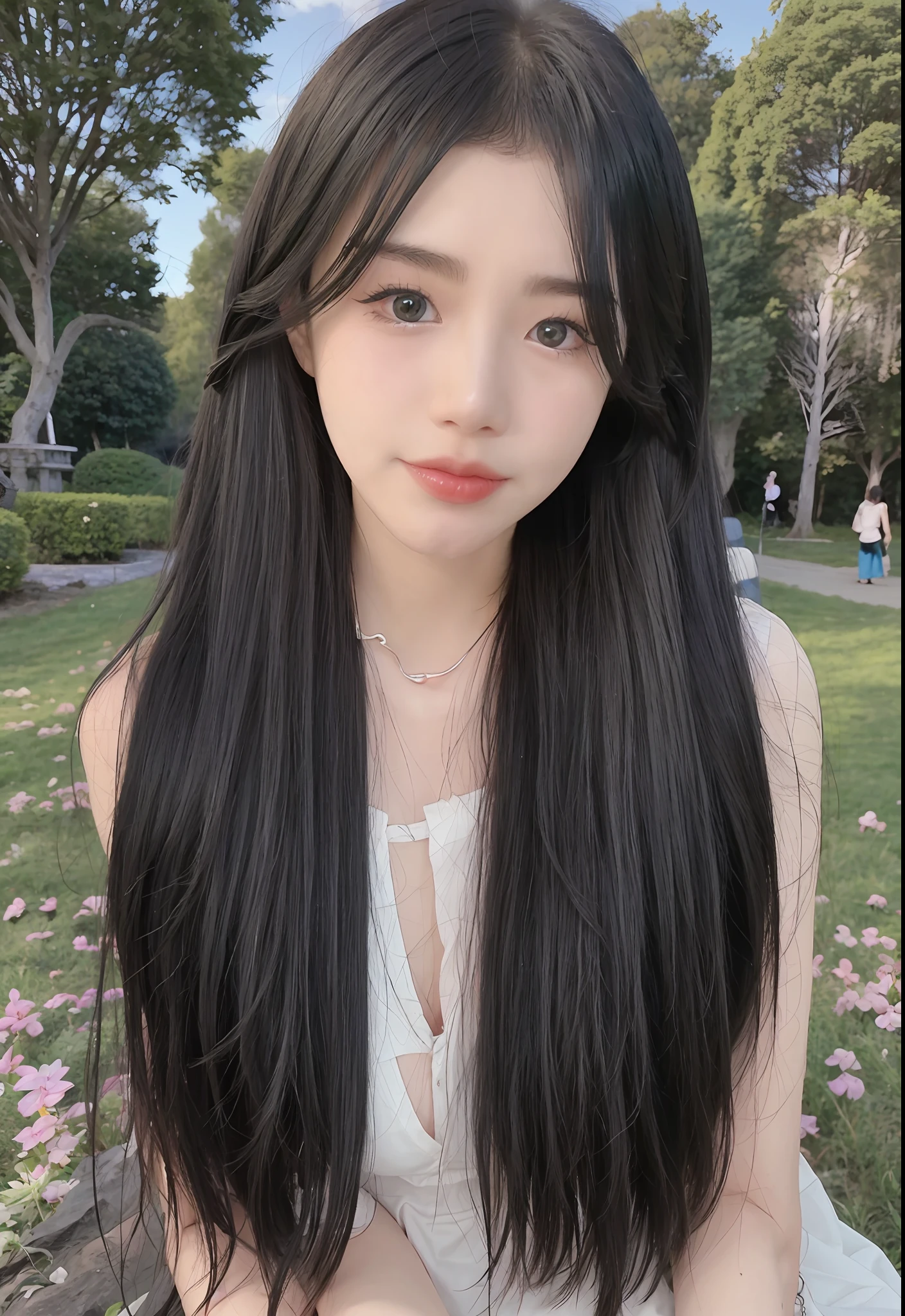 A close up of a woman with long black hair sitting on a bench SeaArt AI