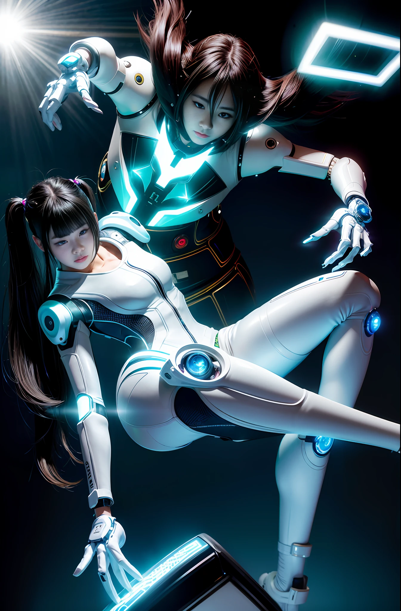 arafed woman wearing white cyberpunk suit, technology hardware on hands, open legs, girl sitting on a LED futuristic robot, black hair, long hair, reflective surface, korean women's fashion model, bae suzy, ulzzang, latex suit white clothing style, krystal, style kim jung gi, heonhwa choe, jinyoung shin, official, cyberpunk environment, neon lights, lens flare, mechanical hands, (mechanical parts:1.5), (masterpiece:1.2), (add more details:1.3), (intricate detail:1.3)