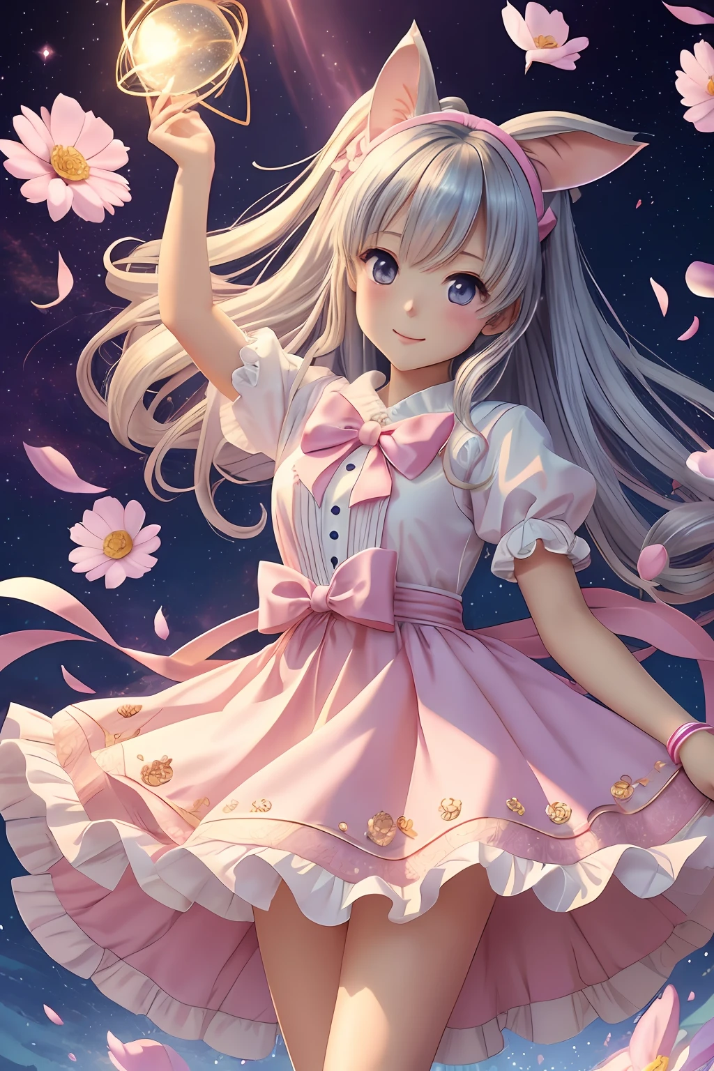 masterpiece, best quality, high resolution, professional lighting, ((Cute anime)) Pretty Girl, (Usagi), 18 years old, Egg User, Absolute Realm, Cute Delusional Pose, Pink Ruffled Dress, Silver Eyes, Polka Dot Ribbon, Rabbit Ear Accessories, Starry Background, EmbleM: Heart, Hair Swaying in the Wind, Ring of Law, (Petals: 1.3), (Shine Effect: 1.2)