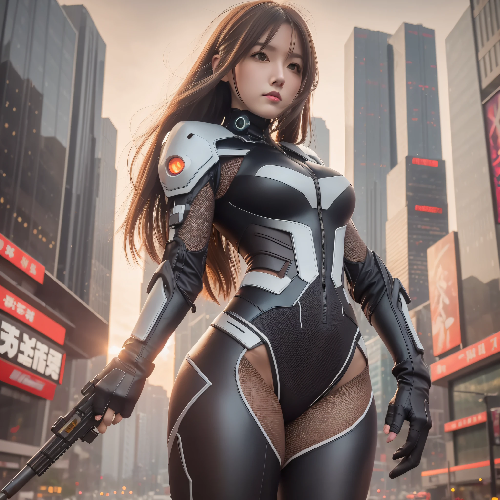 overexposure, best quality, 1girl, huge file size, anthropomorphic, in cyberpunk city, dusk, adult lady like woman, gray hair, brown hair, combat pose mecha,