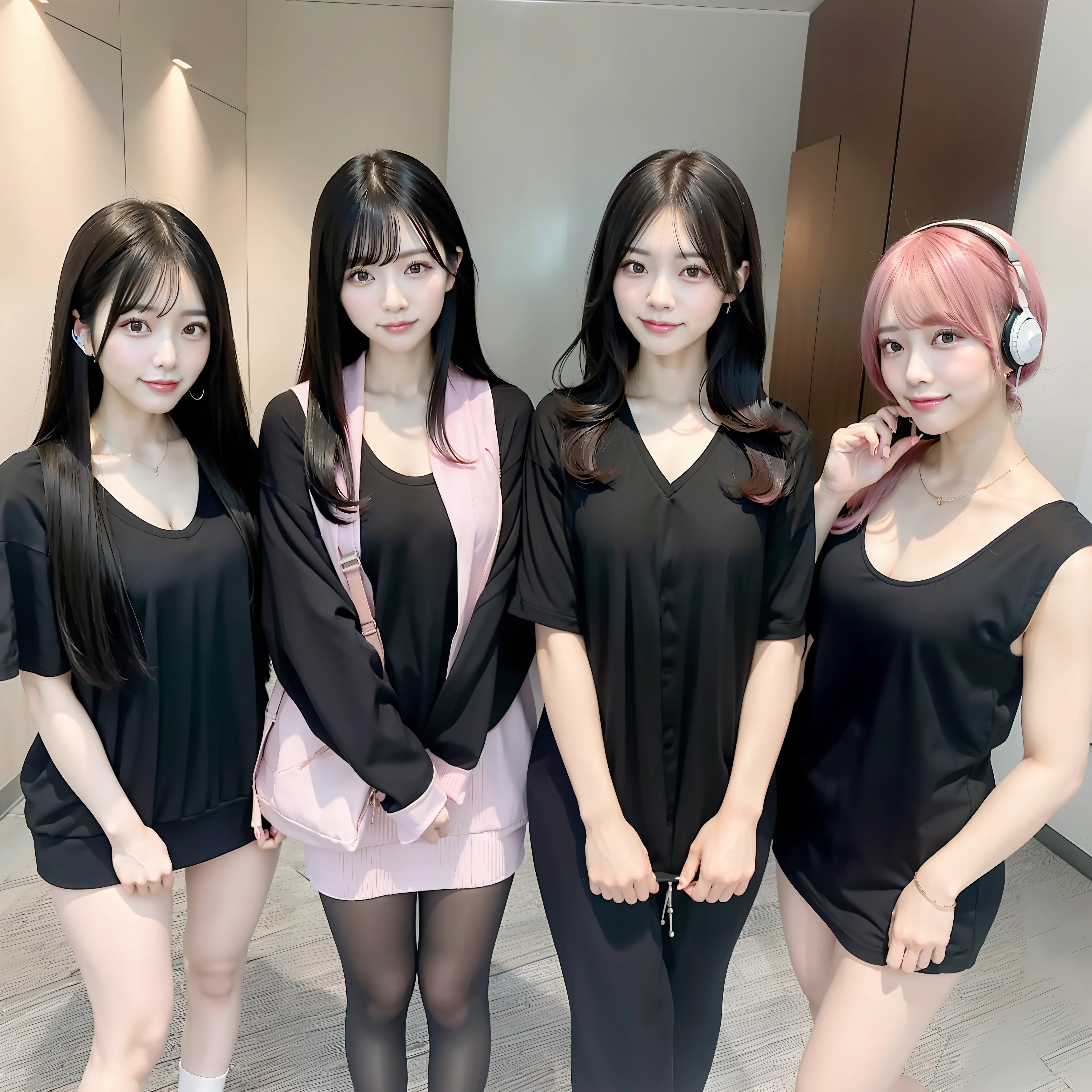 3 Japan beauties with long black hair, 1 Japan beauty with short pink hair, call center, office, plain clothes, headphones, beautiful legs