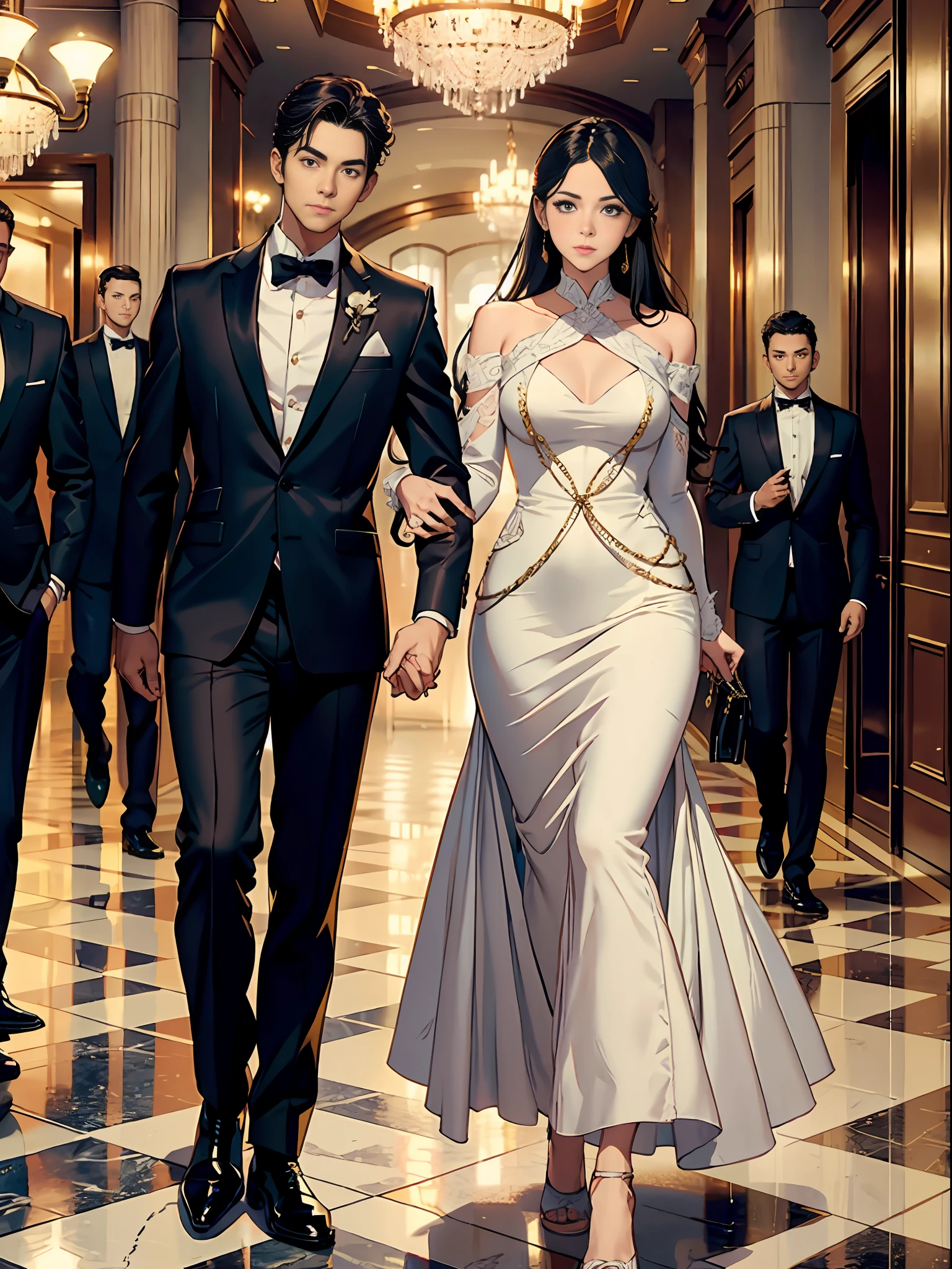 A man puts his arm around a woman, walking in the hotel lobby, evening sky, hotel lobby, fine facial portrayal, fine costume portrayal, ultra HD, 8K, vista, full body photo.