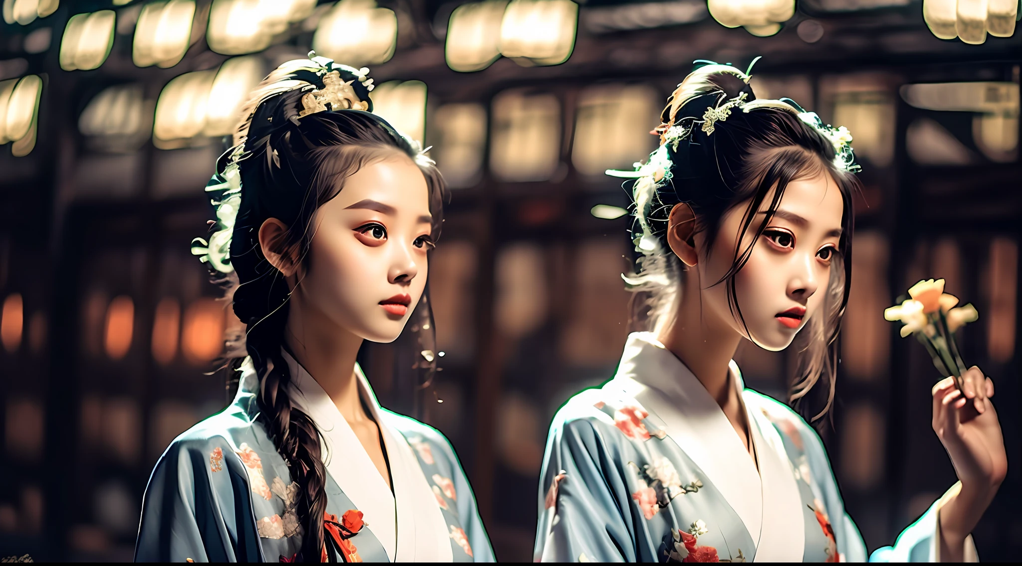 Ancient style, beautiful Hanfu reflect each other, the girl next door, the bell, sitting quietly, holding a book in her hand, thinking about the future direction and the happiness of a lifetime, the surrounding is quiet and pleasant.