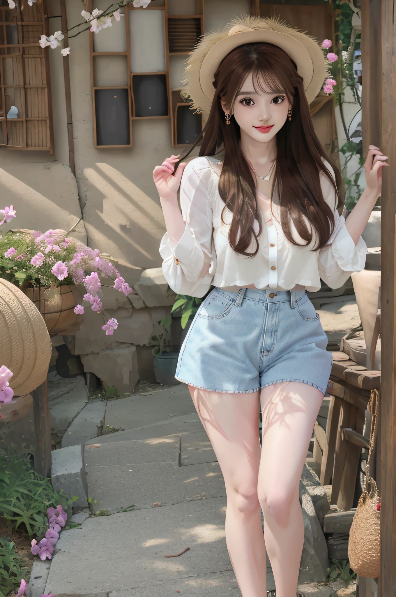 Best quality, masterpiece, super high resolution, (realistic: 1.4), full body, thighs, original photo, 1 girl, hairpins, earrings, jewelry, brown hair, looking at the audience, wearing jk, lips, playful, among the flowers, happy, lively, full body, thighs, with straw hat, flowers