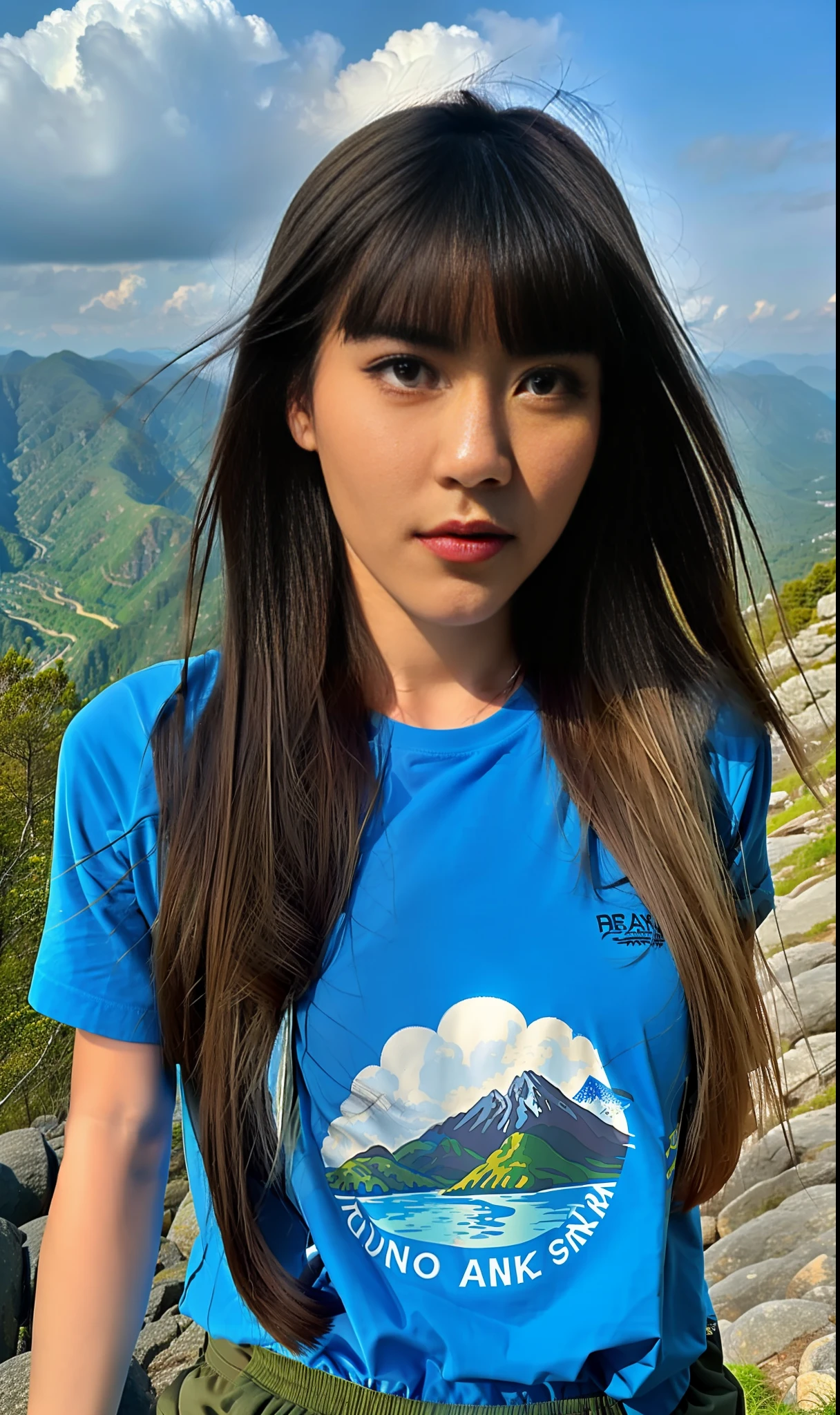 (masterpiece, top quality, 8K wallpaper, high resolution, ultra-realistic), 1girl, solo, full body composition from afar, slender figure: 1.1, (beautiful face like a doll: 1.5), beautiful face, beautiful eyes, detailed face, detailed eyes, detailed nose, detailed mouth, (long hair in the wind: 1.5), (bangs: 1.5), black eyes, mountain girl style, backpacker, mountaineer, mountain view from the top of the mountain, Walking on a mountain trail, (self-portrait: 1.5) T-shirt, long pants, climbing, wearing trekking boots, natural landscape photos; mountain climbing; spectacular summer mountain scenery with rugged mountain ranges in the distance, with a wonderful contrast of blue sky and white clouds. Camera = "Sony a7 IV";Lens="Tamron 28-200mm f/2.8-5.6 Di III RXD";" Aperture = f/6.3";" Shutter speed = 1/1600 sec";" ISO=100";