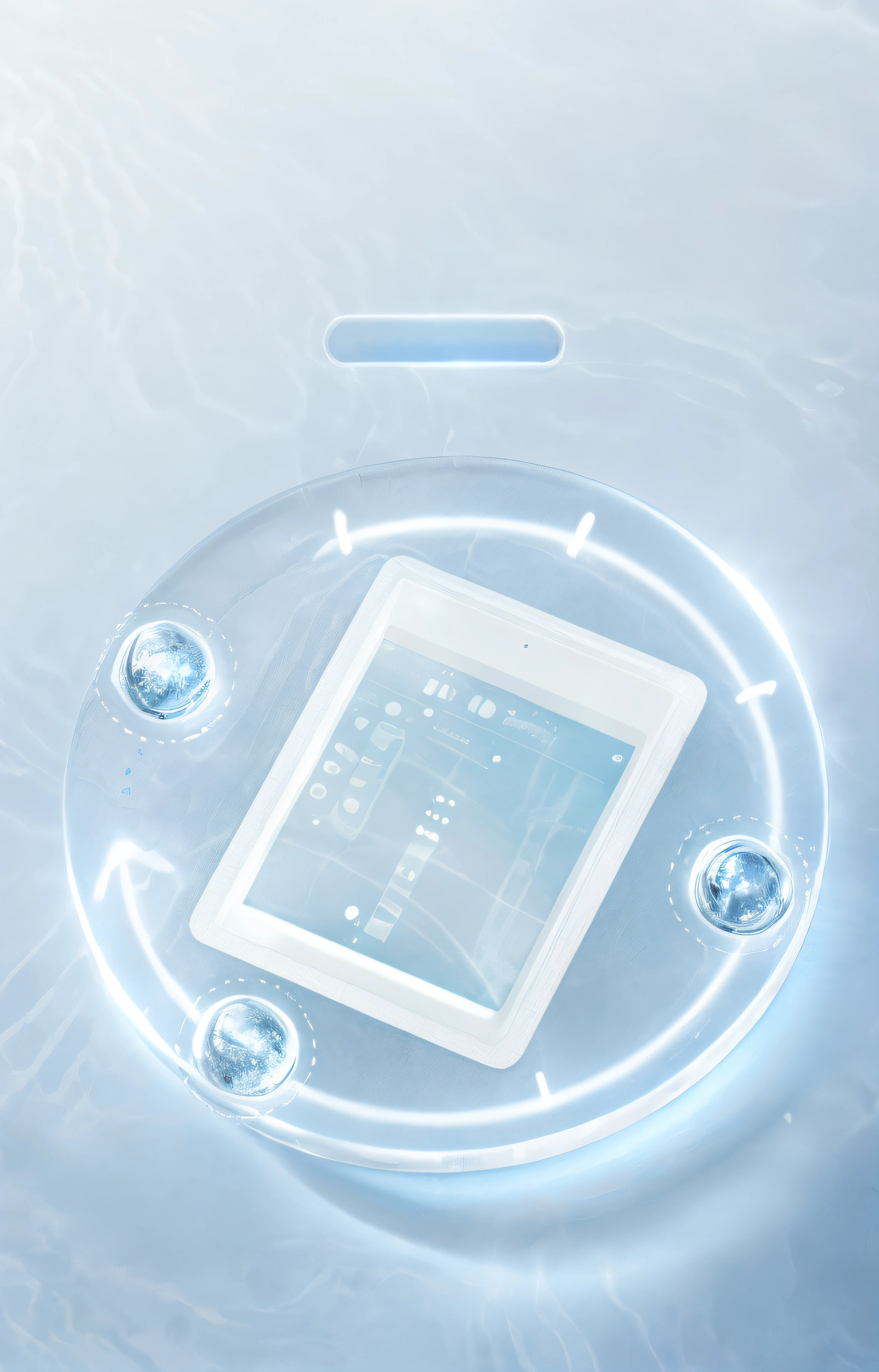there is a tablet computer floating in a pool of water, sleek cool waterproof design, sleek waterproof design, bottom angle, scifi gadgets in a pond, smooth technology, product introduction photo, liquid interface, fluid bag, liquid simulation background, in water, closeup of magic water gate, water background, in liquid, bottom - view, water particle in front, technology
