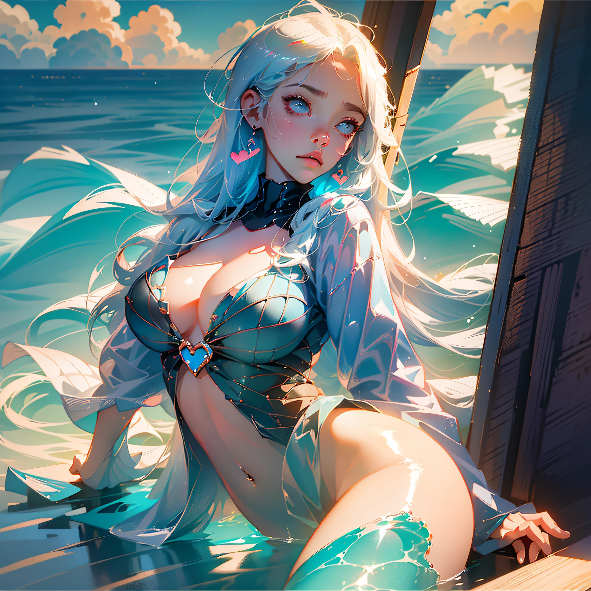 A girl sitting on a whale, sailing in the ocean, light blue hair, heart-shaped pupils, moaning, anime, blooming, ((exposed_nipples, bare breasts, high proportion realistic breasts, realistic big breasts): 1.4) (best ratio fingers: 1.5) --auto --s2