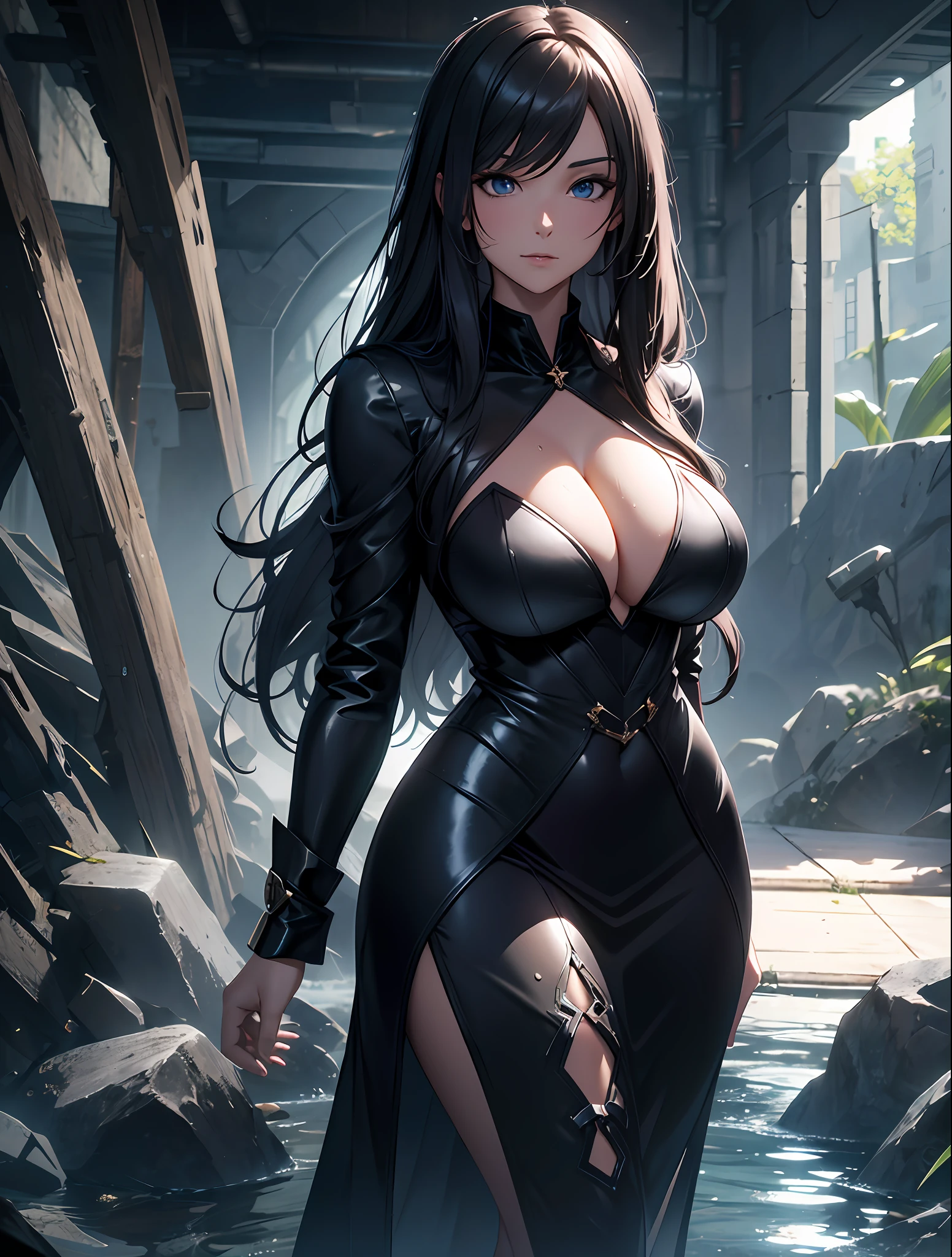16K, HDR, RTX, Ray Tracing, Radiosity, Anisotropic Filtering, Subsurface Scattering, Award-winning, Night, Dark, Trending at Art Station, Best Quality, Masterpiece, Absurdity, Beautiful Muscle Mature Mystic Woman, Sexy Neck Dress, Cleavage,Big, Long Hair, Beautiful, Night, Soft Lighting, Wet, Shiny Skin, Fantasy,