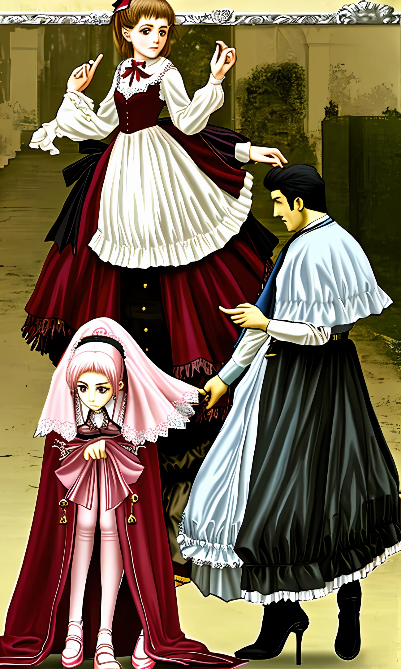 A woman dressed in a group of ta steps on the head of a kneeling man with high heels