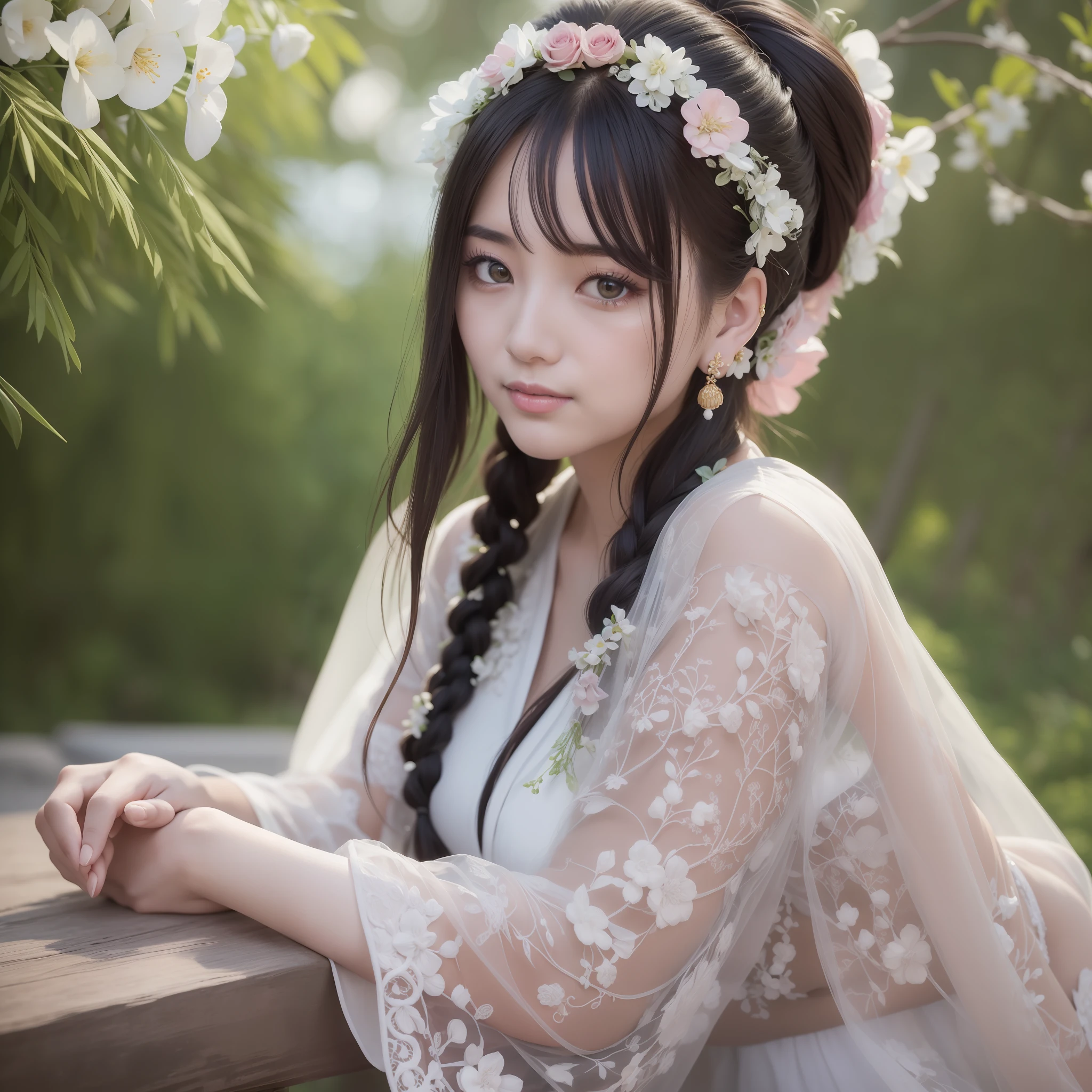 Masterpiece, absurdres,award winning photo, extremely detailed, amazing, fine detail, (extremely detailed eyes:1.125) and face, by lee jeffries nikon d850 film stock photograph 4 kodak portra 400 camera f1.6 lens rich colors hyper realistic lifelike texture dramatic lighting unrealengine trending on artstation cinestill 800 tungsten, beautiful woman, ulzzang-6500, smiling seductively, excited,
EDGHanfu, a woman, in an ancient China garden, wearing EDGHanfu, traditional,white, see through sleeves, floral embroidery, buttoned dress, black shoulder pads with beautiful and intricate floral embroidery, woman wearing makeup, flowers decorating her hair, long braided hair